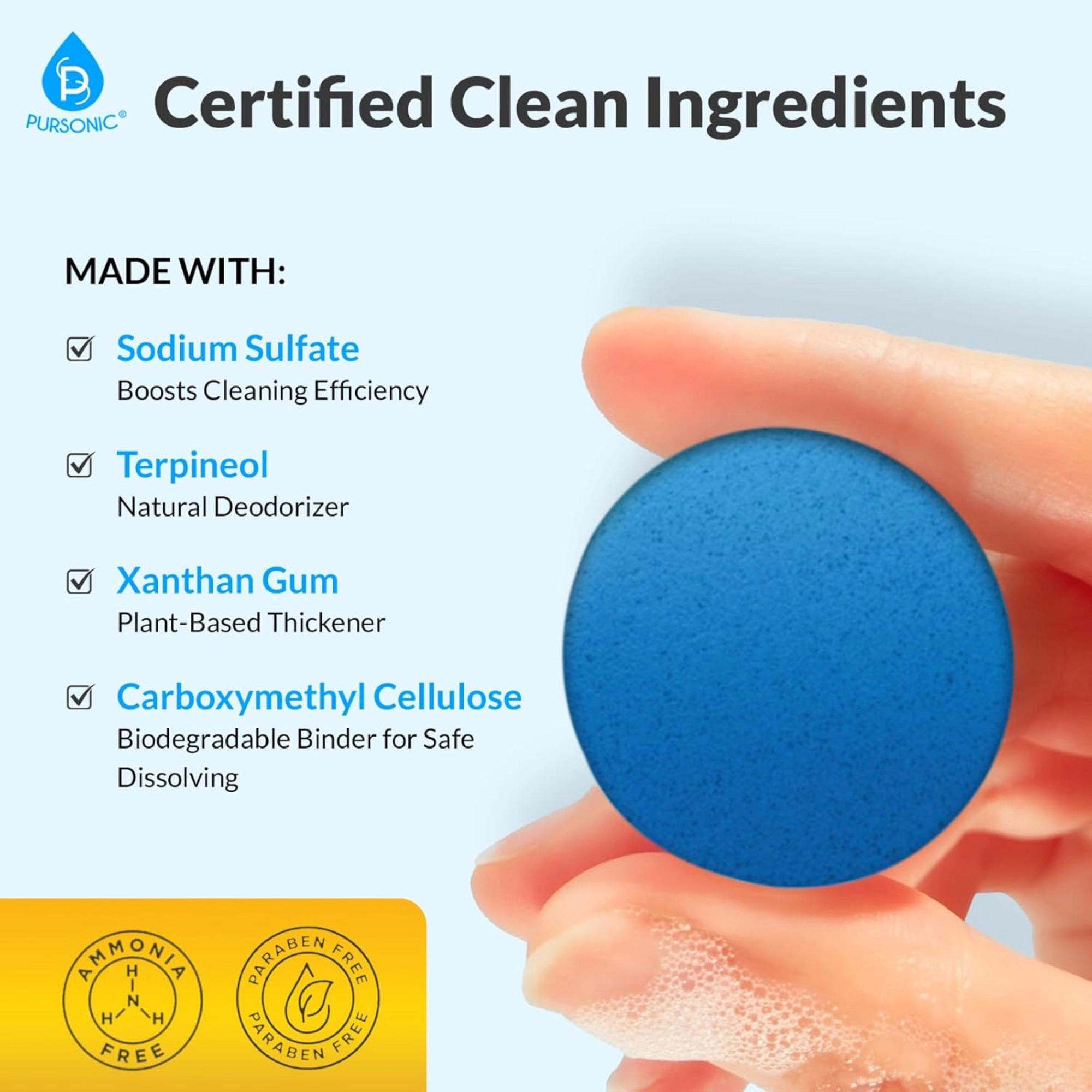 Pursonic Unisex Automatic Toilet Bowl Cleaner Deodorizing Blue Gel Tablets with Septic-Safe Hard Water Stain Remover