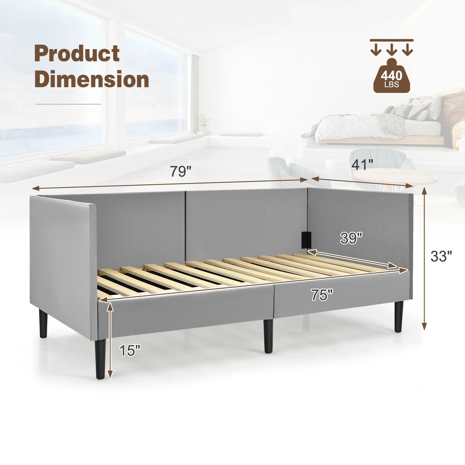 SUGIFT Gray Velvet Cover and Wooden Slat Support Twin Size Upholstered Daybed Frame