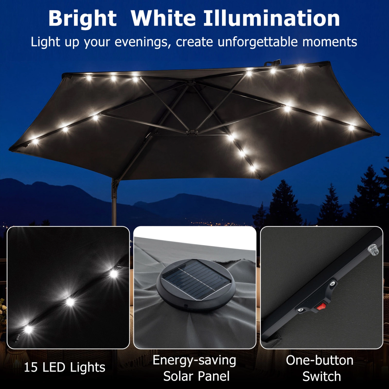 SUGIFT 10 ft Cantilever Patio Umbrella with Solar LED Lights and Foot Pedal Rotation