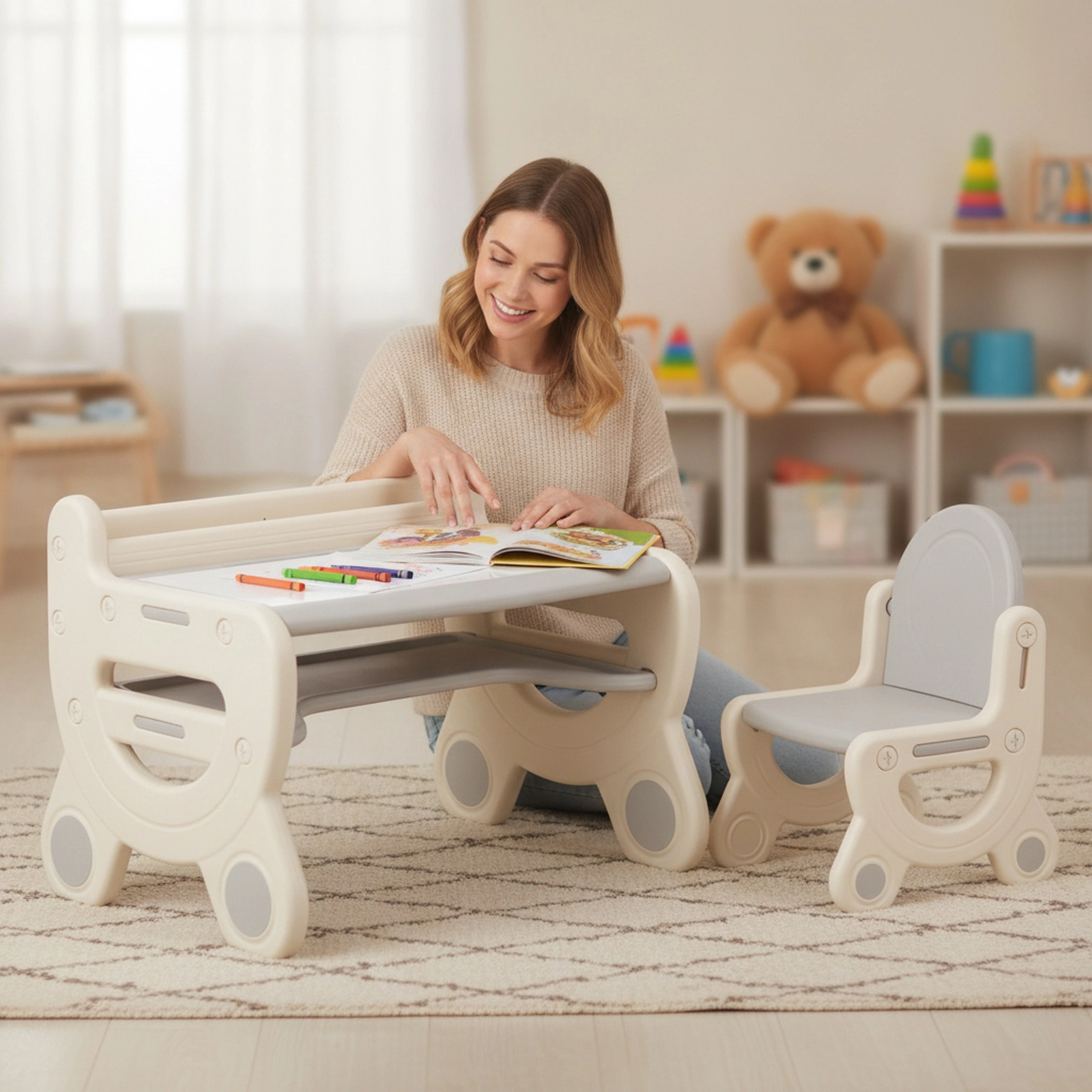 SUGIFT Kids Drawing Table and Chair Set, Erasable Top, Pens, Gray