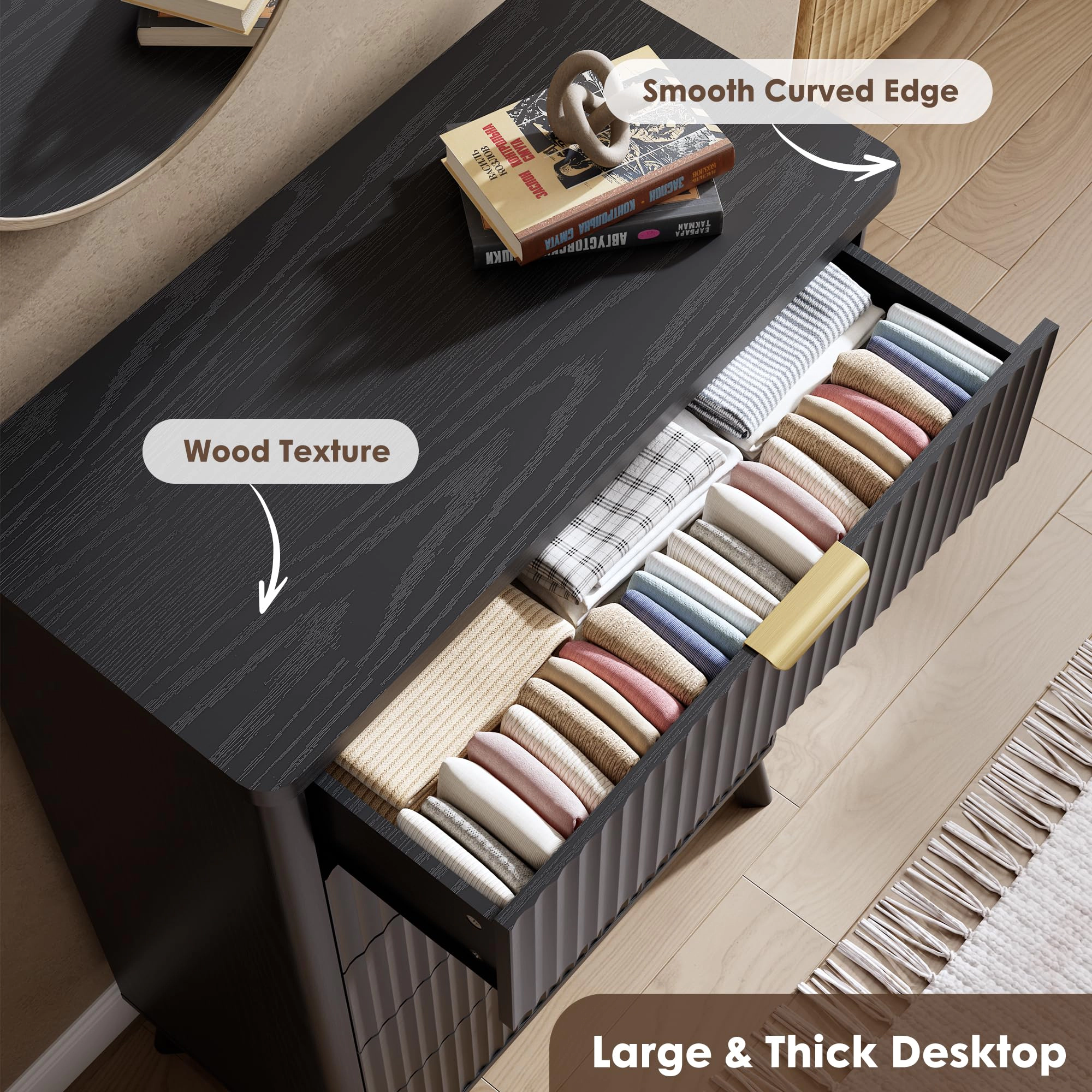 Fluted 5 Drawer Dresser, Curved Profile Design 47.2" Tall Wooden Chest for Bedroom Living Room Hallway