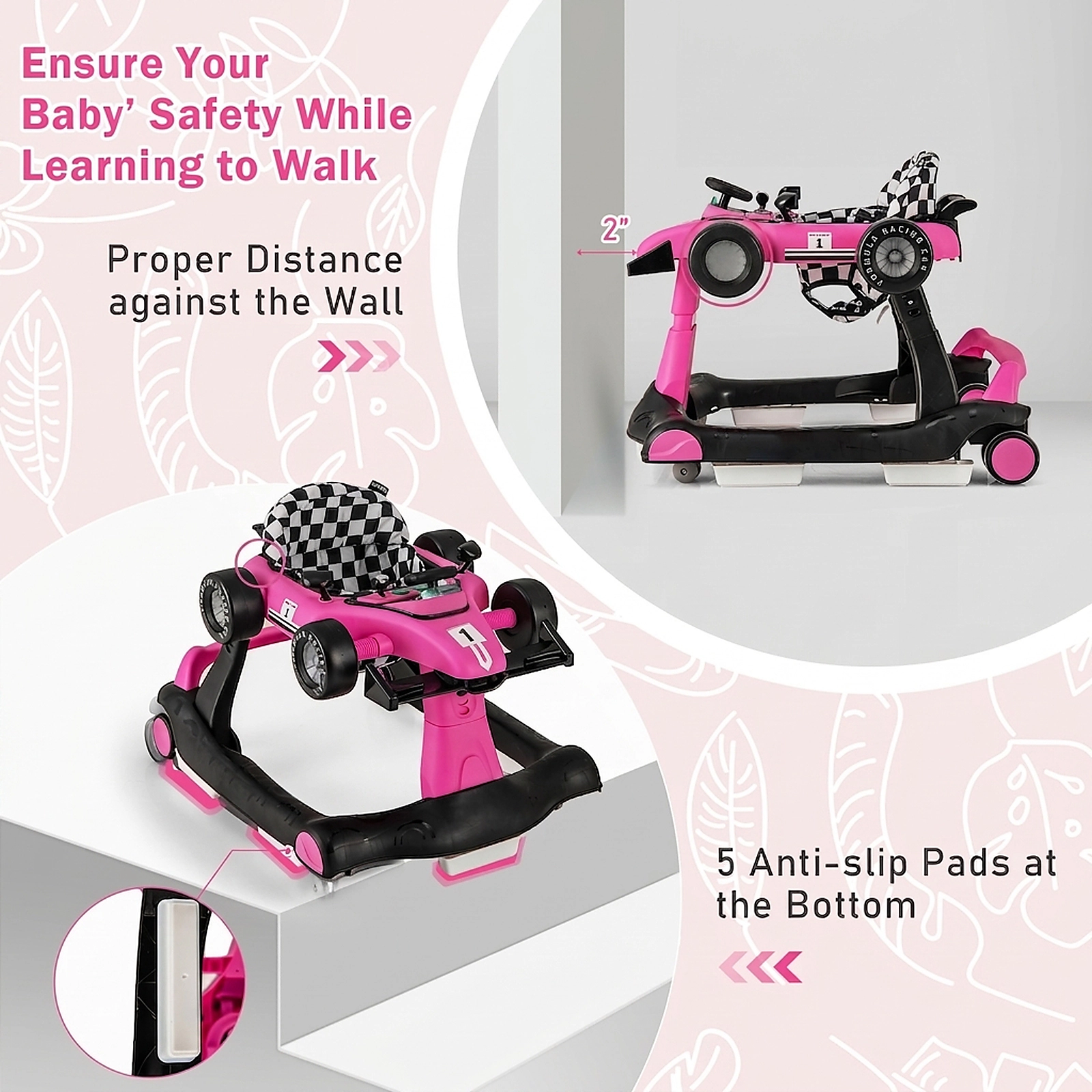 SUGIFT 4-in-1 Foldable Activity Push Walker with Adjustable Height 25-lb Capacity Ages 6-18 Months Pink