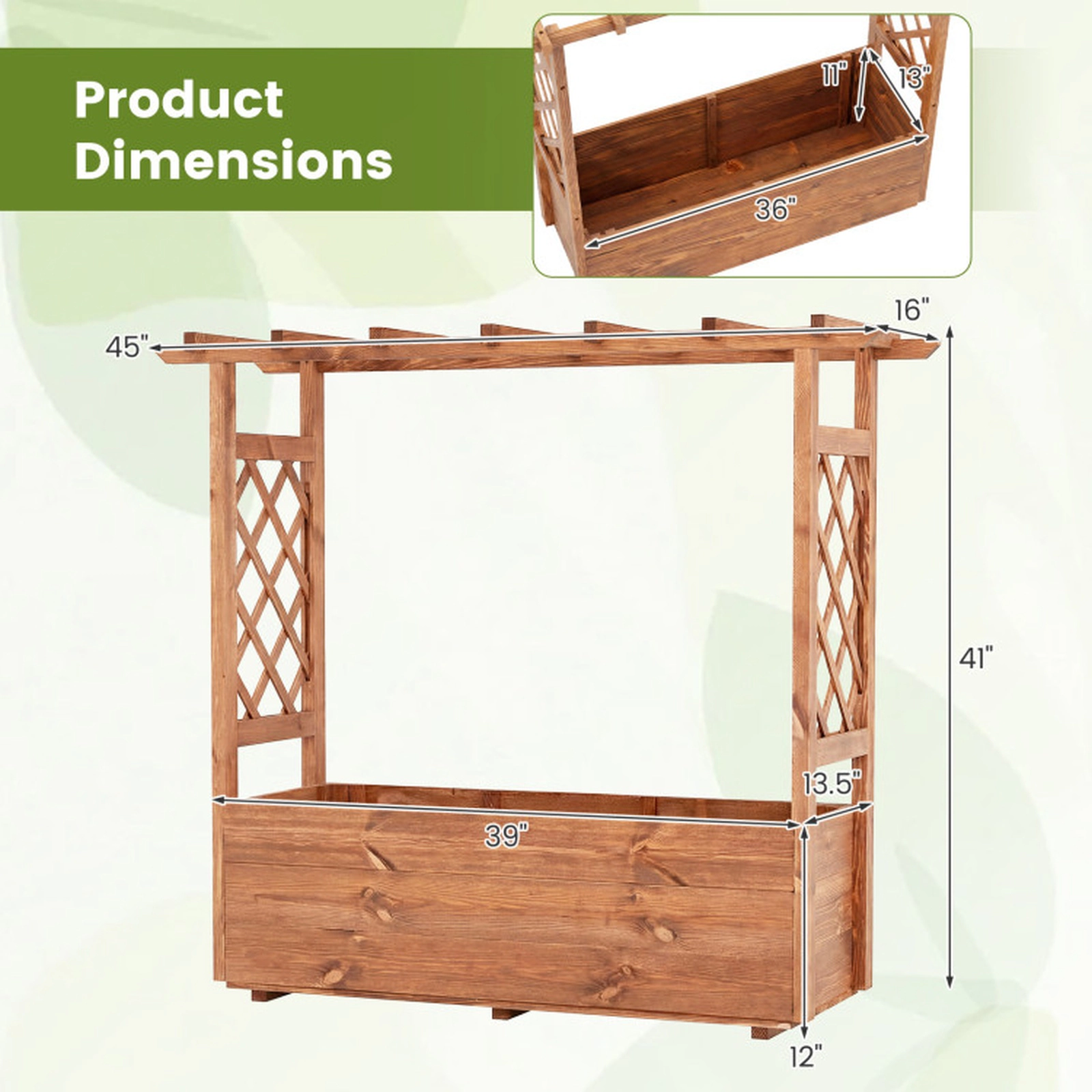 SUGIFT Wooden Elevated Planter Raised Garden Bed with Trellis and Hanging Roof 45-in Frame Natural