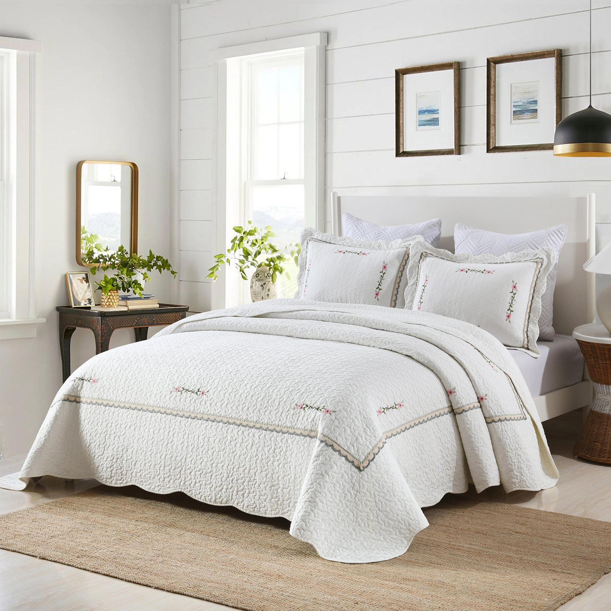 MarCielo 3 Piece 100% Cotton Quilt Set, Oversized Lightweight Embroidered Bedspread Set