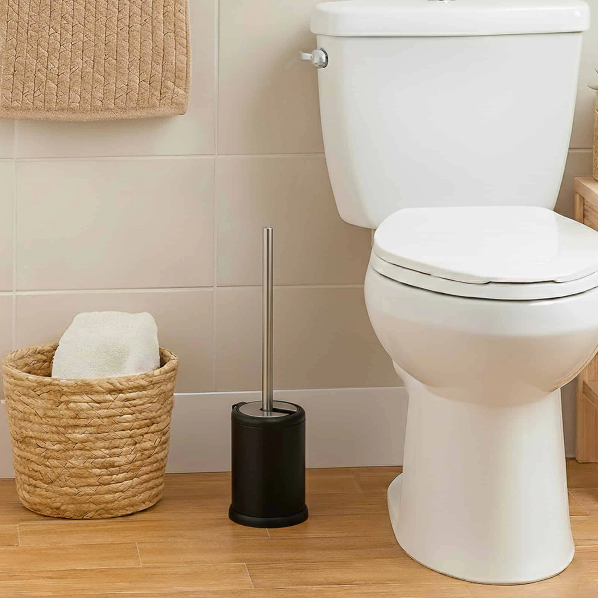 Evideco French Home Goods Chrome Toilet Brush and Holder Set - Folding Lid, Removable Insert, Stainless Steel Handle