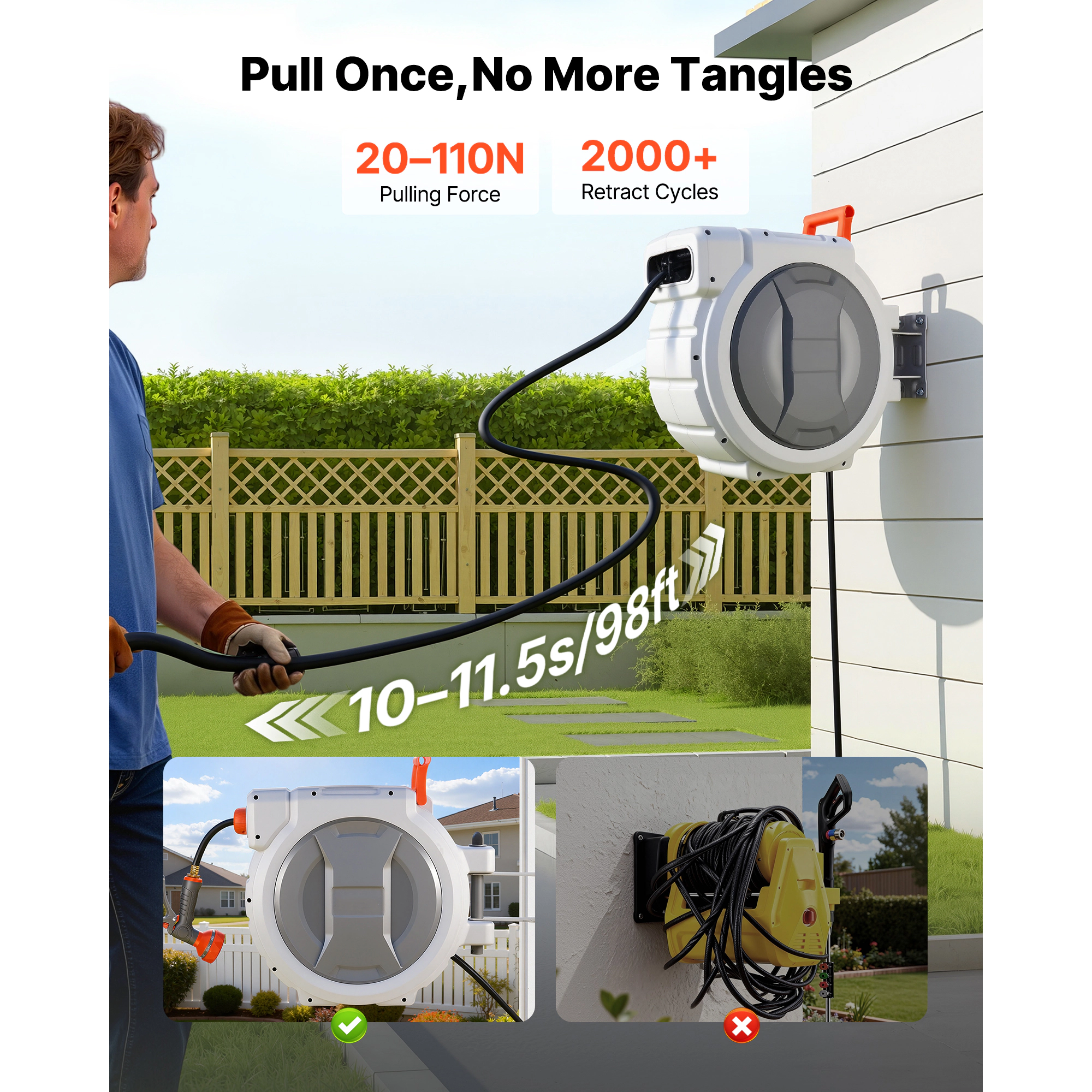 HONGGE Retractable Garden Hose Reel 1/2 in Wall Mounted Hose Reel with 9-Function Sprayer Nozzle and 180° Swivel