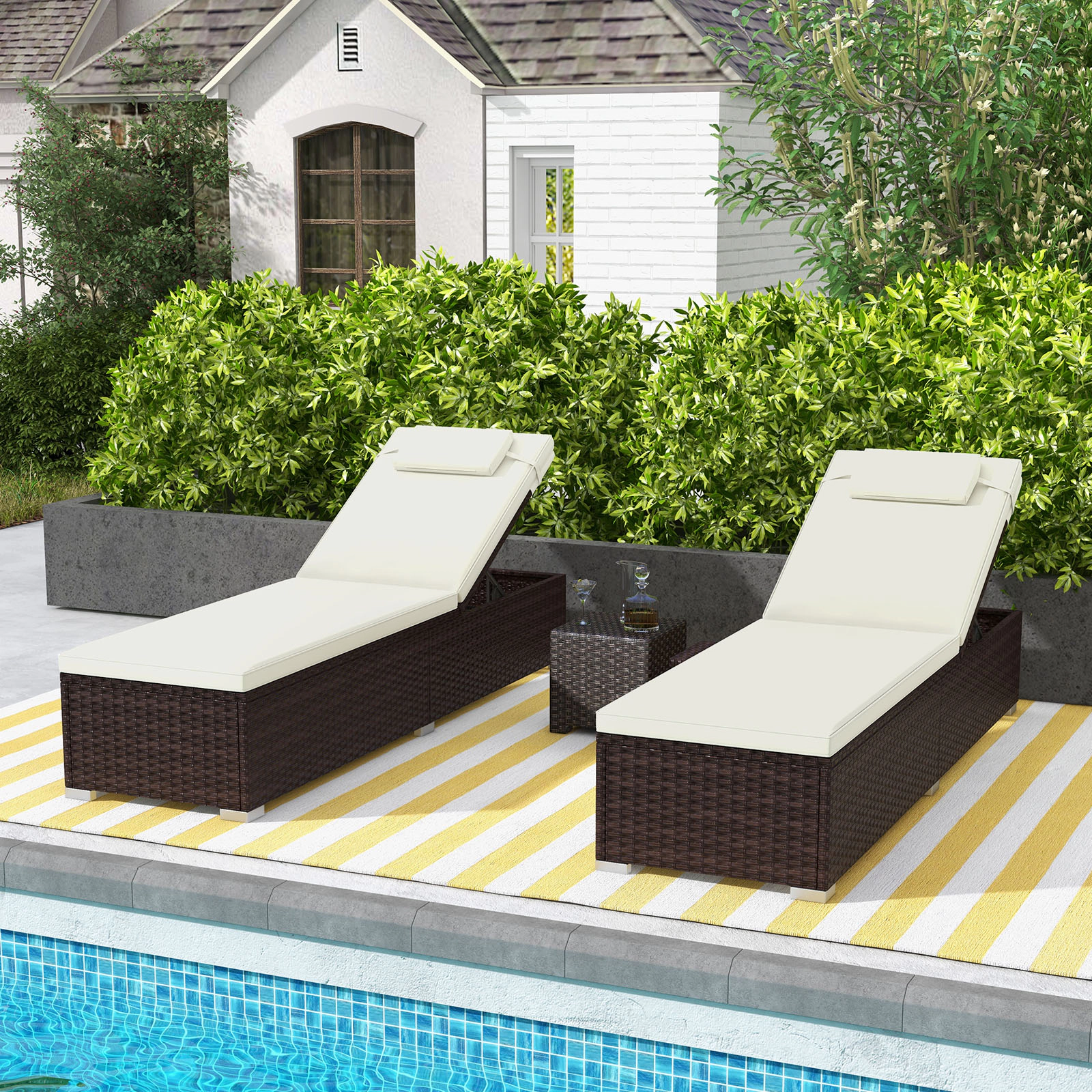 SUGIFT 400-lb Capacity Off White 6-Level PE Rattan Wicker Outdoor Chaise Lounge with Foldable Side Table