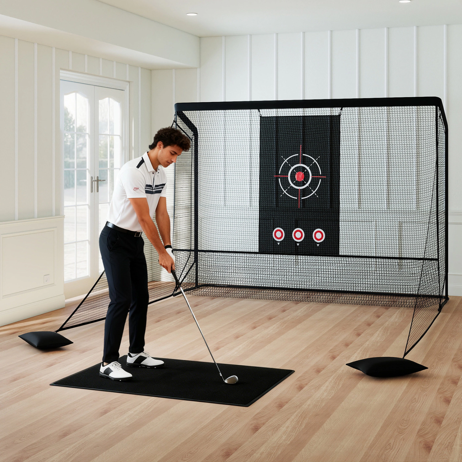 LJG Golf Practice Hitting Net Golf Cage with Dual Side Barriers Target Cloth Metal Frame