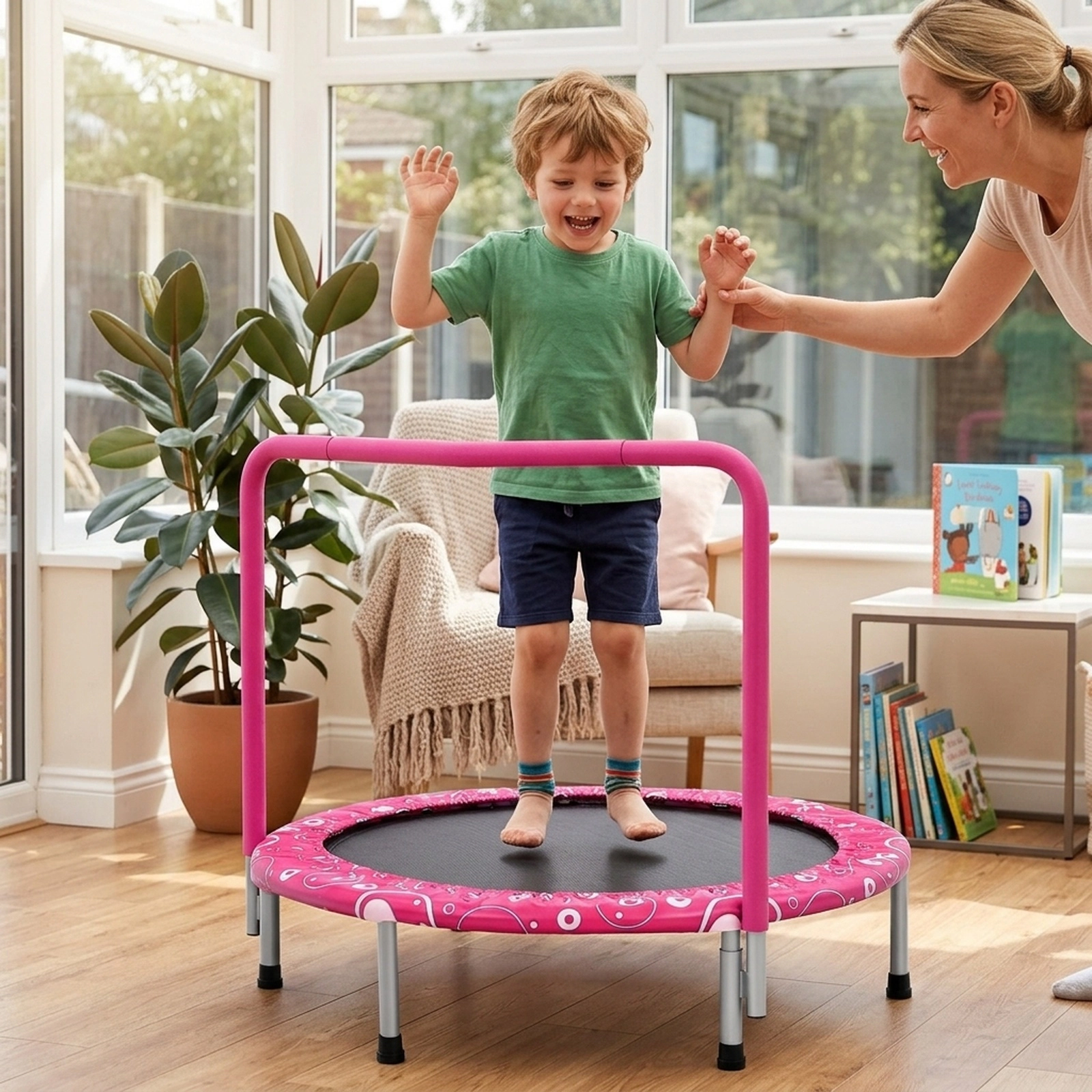 36-in Foldable Kids Trampoline Mini Rebounder Full Covered Foam Handrail 330-lb Capacity Ages 3-10 Pink Indoor Outdoor