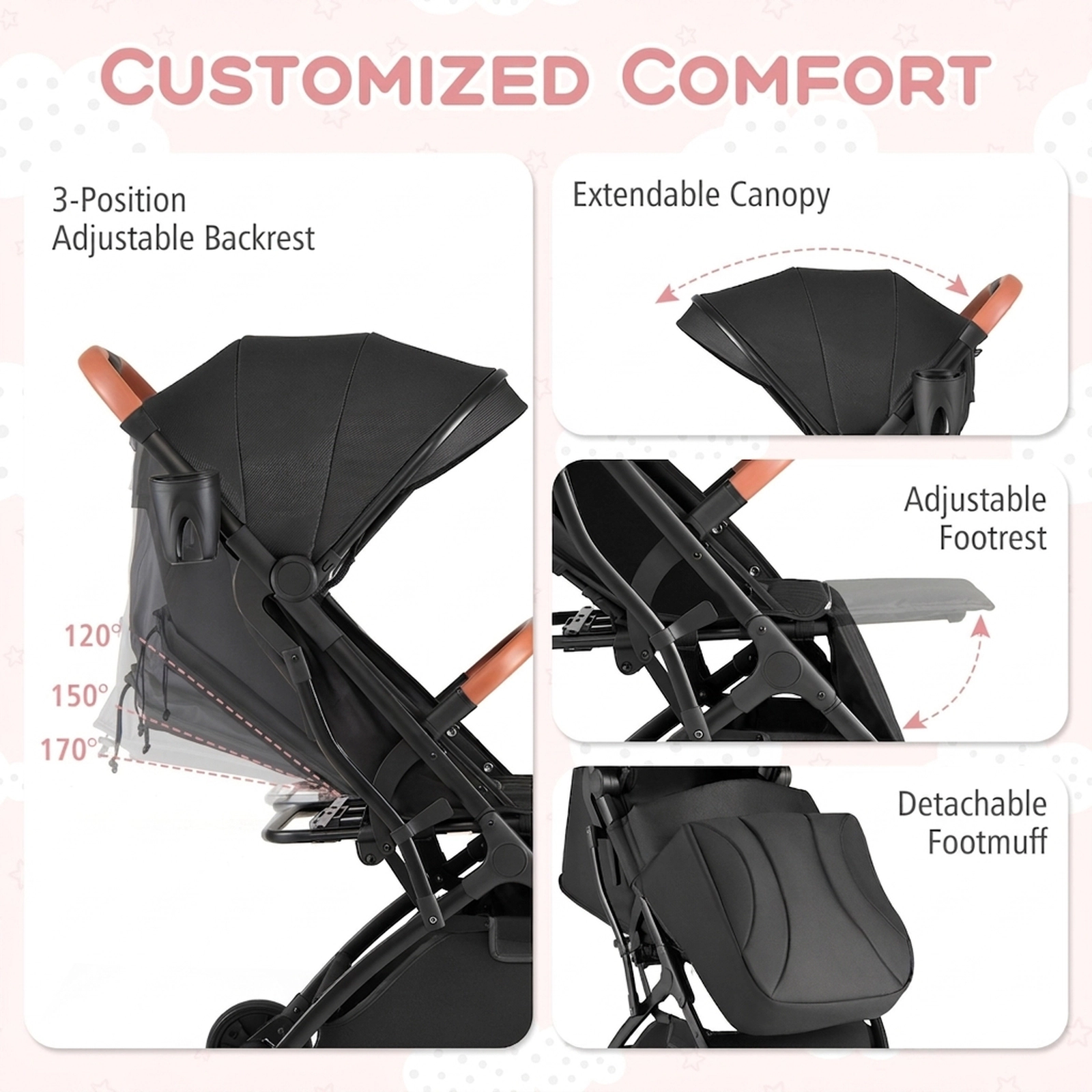 SUGIFT Baby Black Lightweight Travel Stroller with One-Hand Fold 31.5-in W 20-in D 41-in H 33-lb Seat Capacity