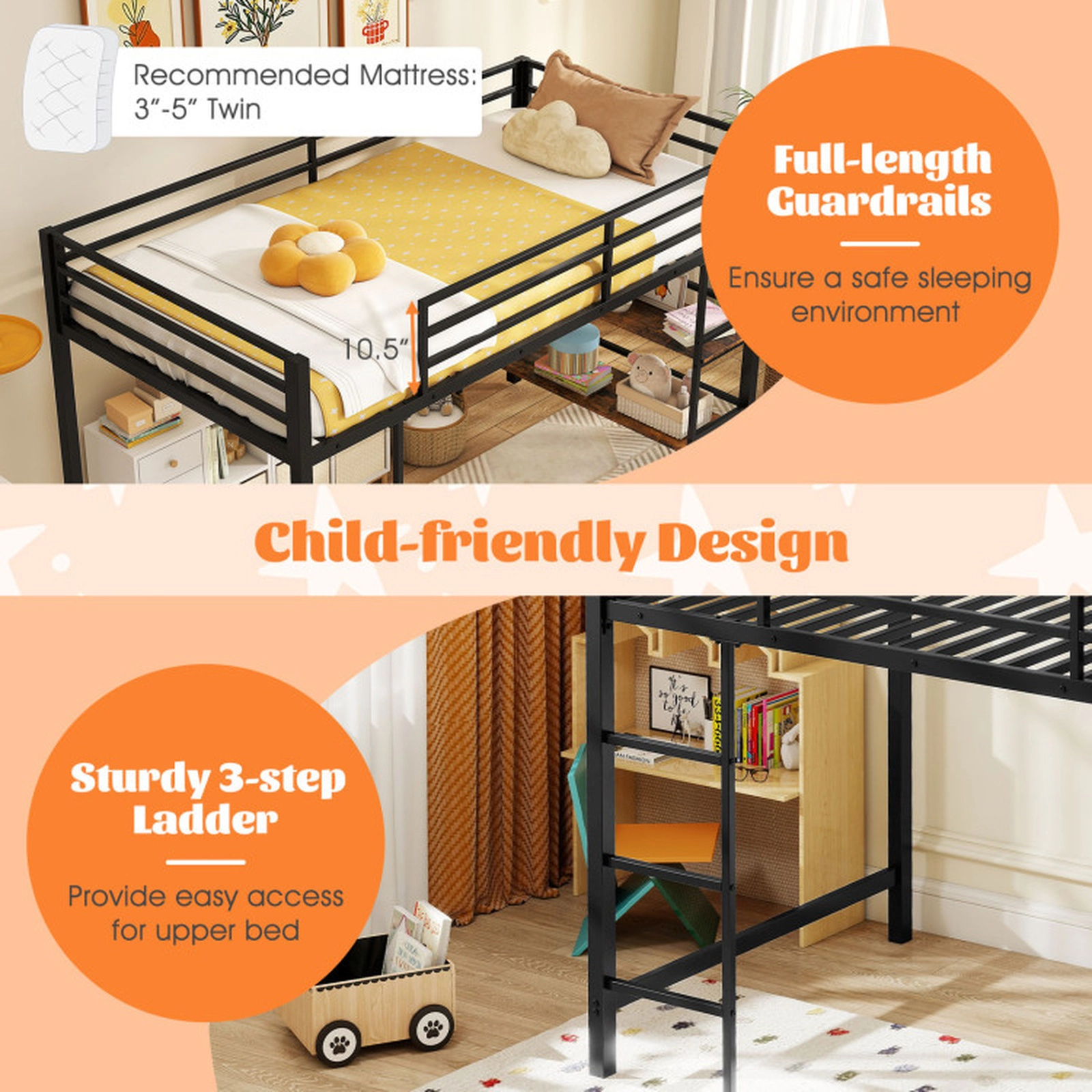 SUGIFT Twin Size Low Loft Bed with Ladder and Storage Shelves Metal Frame 485-lb Bed Capacity Black