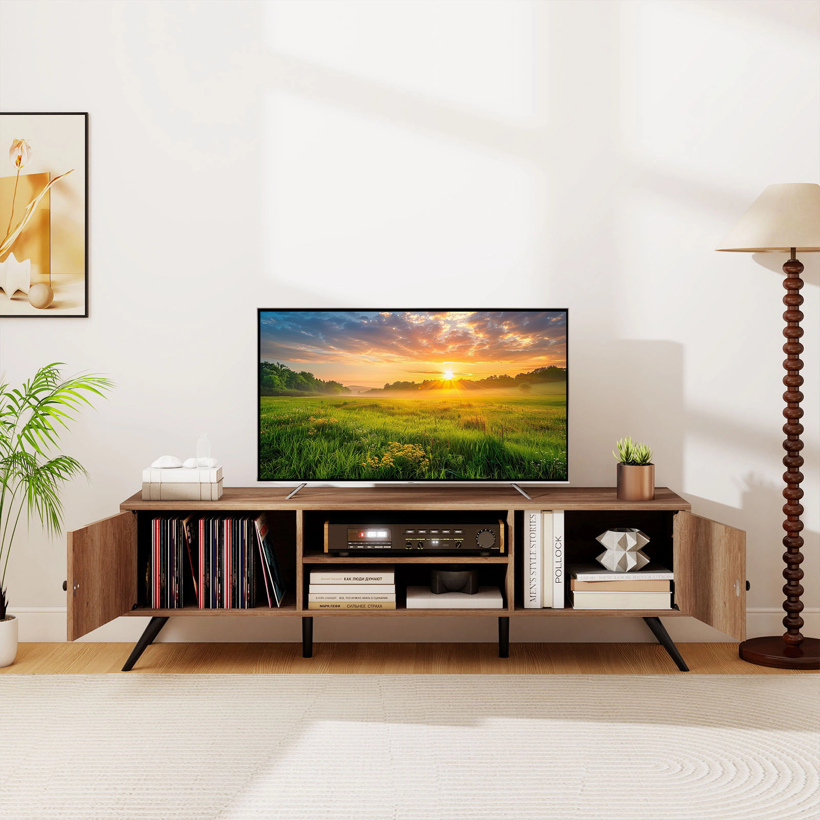 LJG 2-Door TV Stand for TVs up to 65 Inch with Open Shelves