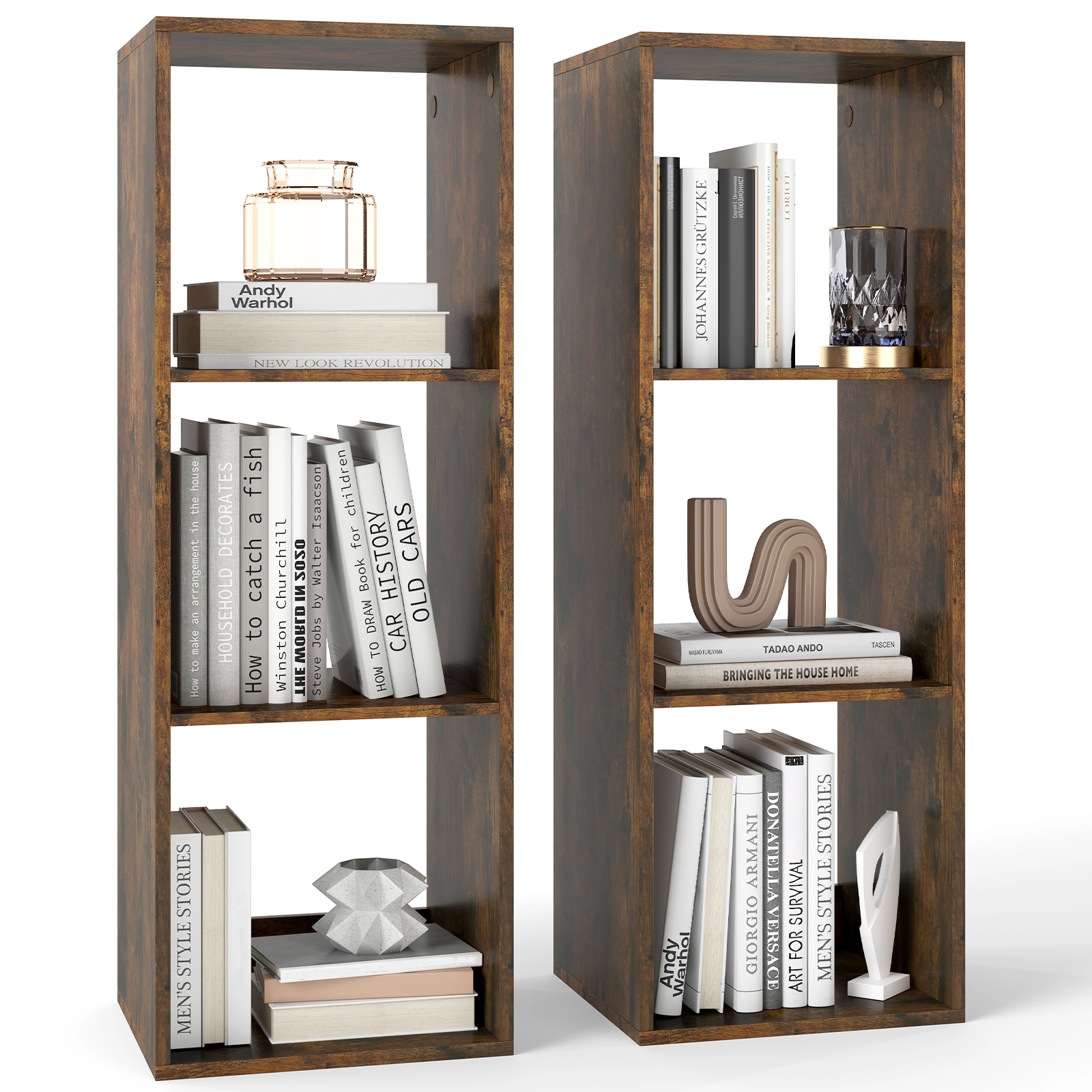 Costway 2PCS 3-Cube Bookshelf Modern Vertical Bookcase w/ Anti-tipping Kits Coffee