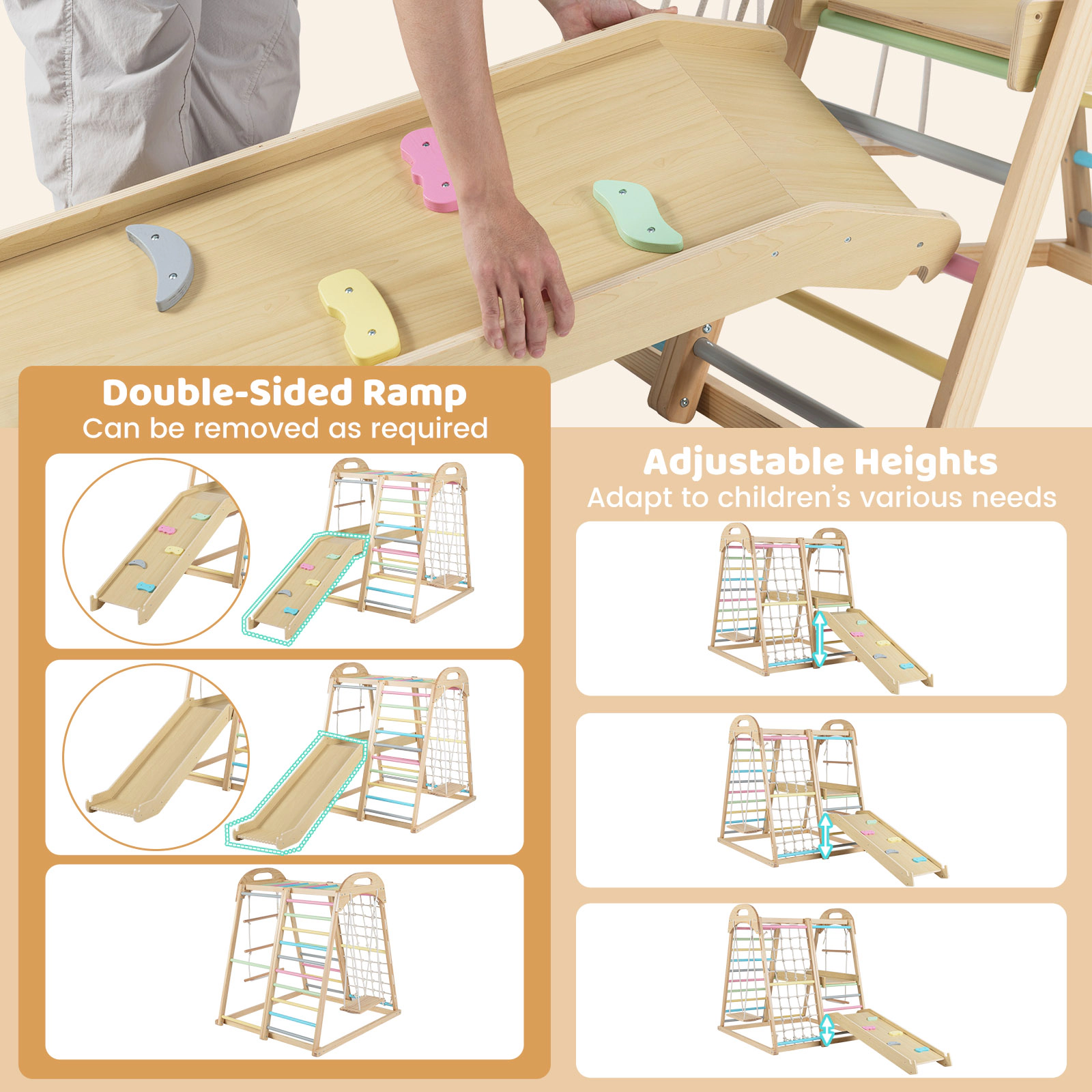 8-in-1 Multicolor Wooden Jungle Gym Kids Climber Height-Adjustable Ramp Rope Swing Monkey Bars 110-lb Ages 3-5