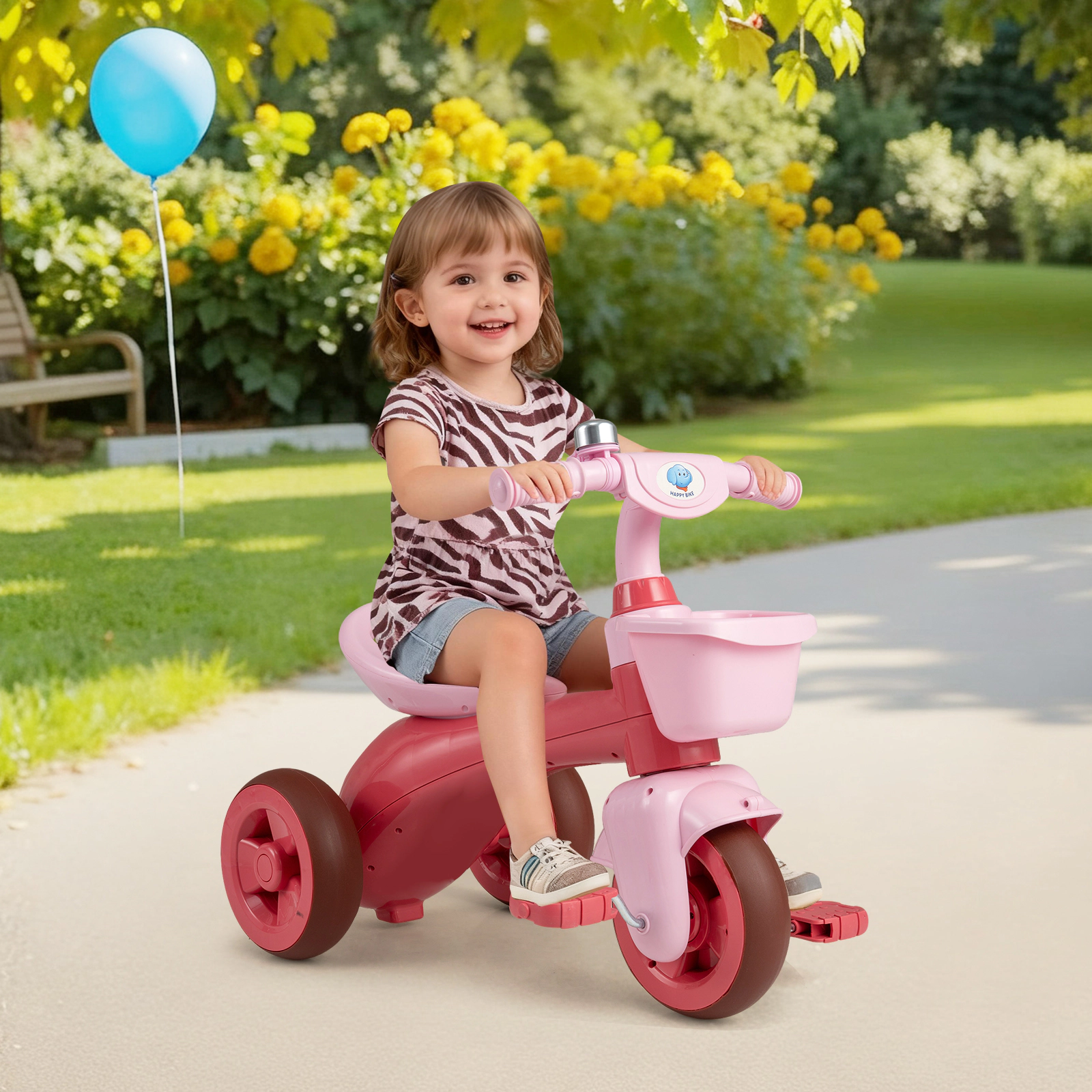 SUGIFT Limited-Steering Toddler Tricycle Ride-On Car with Front & Rear Baskets & Bell 55-lb Capacity Ages 3-5 Pink Green