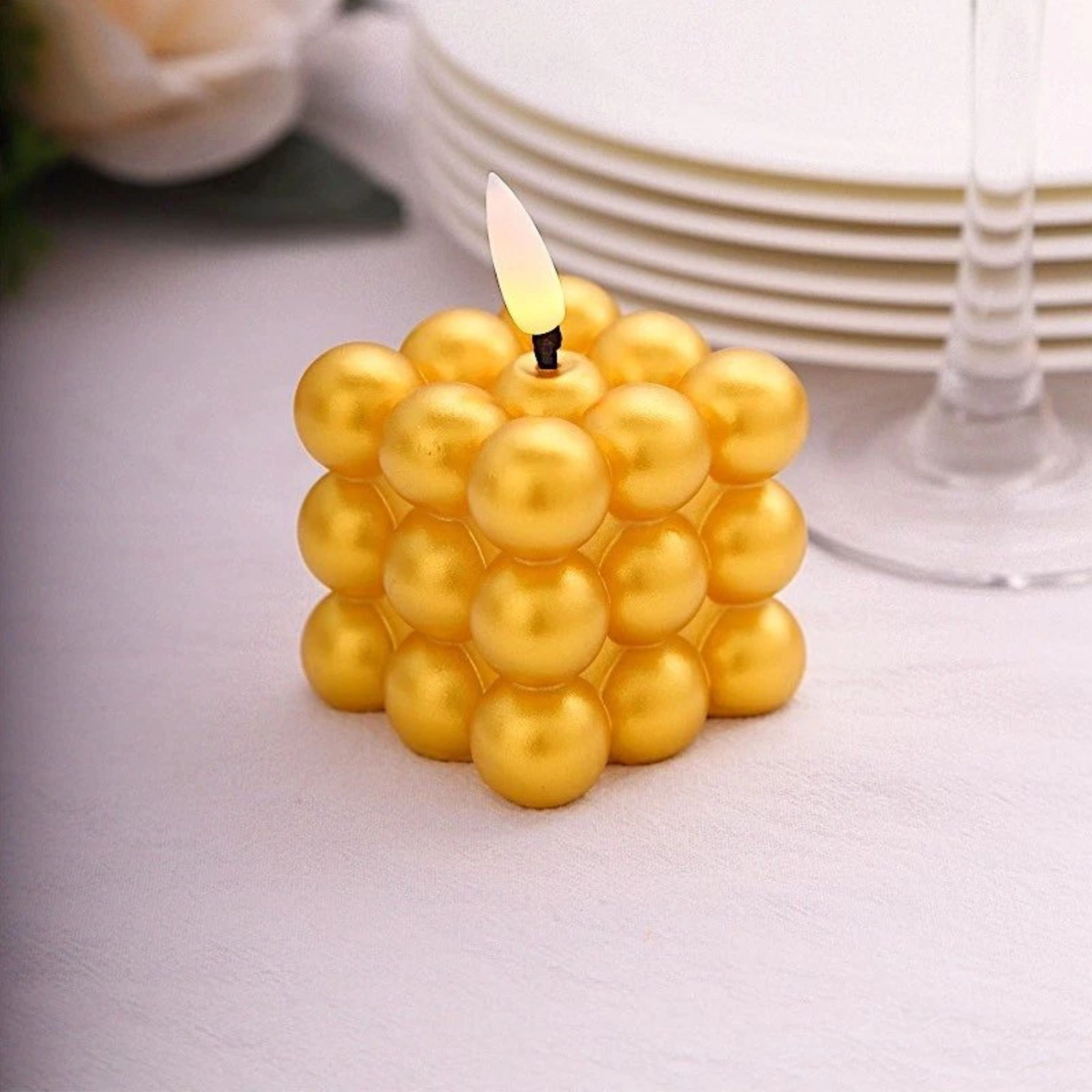 Home Collection Gold Metallic Bubble Cube Flameless LED Candles Pack of 2