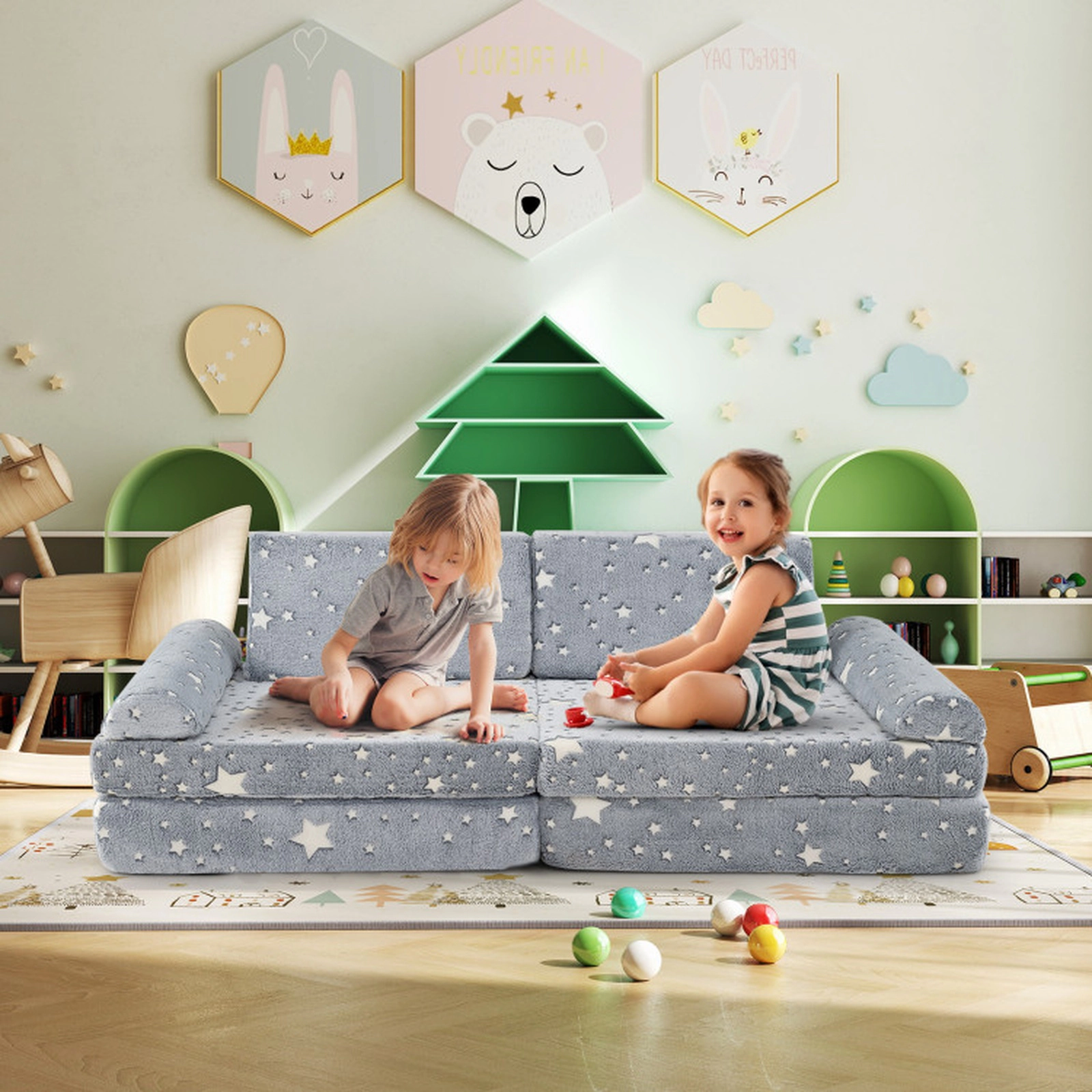 SUGIFT 8-Piece Glow-in-the-Dark Modular Kids Play Couch Toddler Sectional Sofa Chair 55.5-in Wide Gray Multicolor