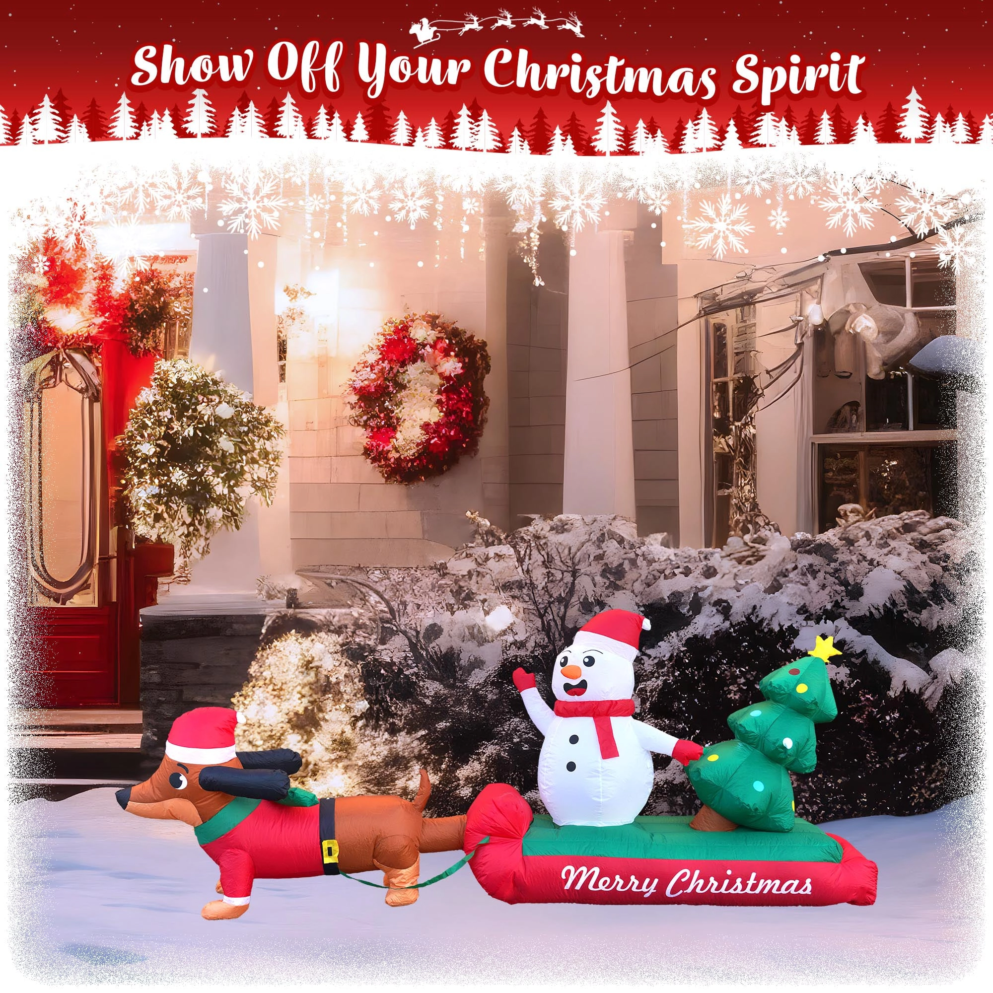 G128 10 ft Dachshund Santa Sled Inflatable with Snowman & Tree, LED Outdoor Decor