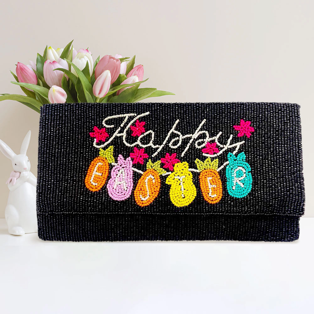 Fashnzfab Happy Easter Message Carrot Bunny Pointed Seed Beaded Clutch / Crossbody Bag