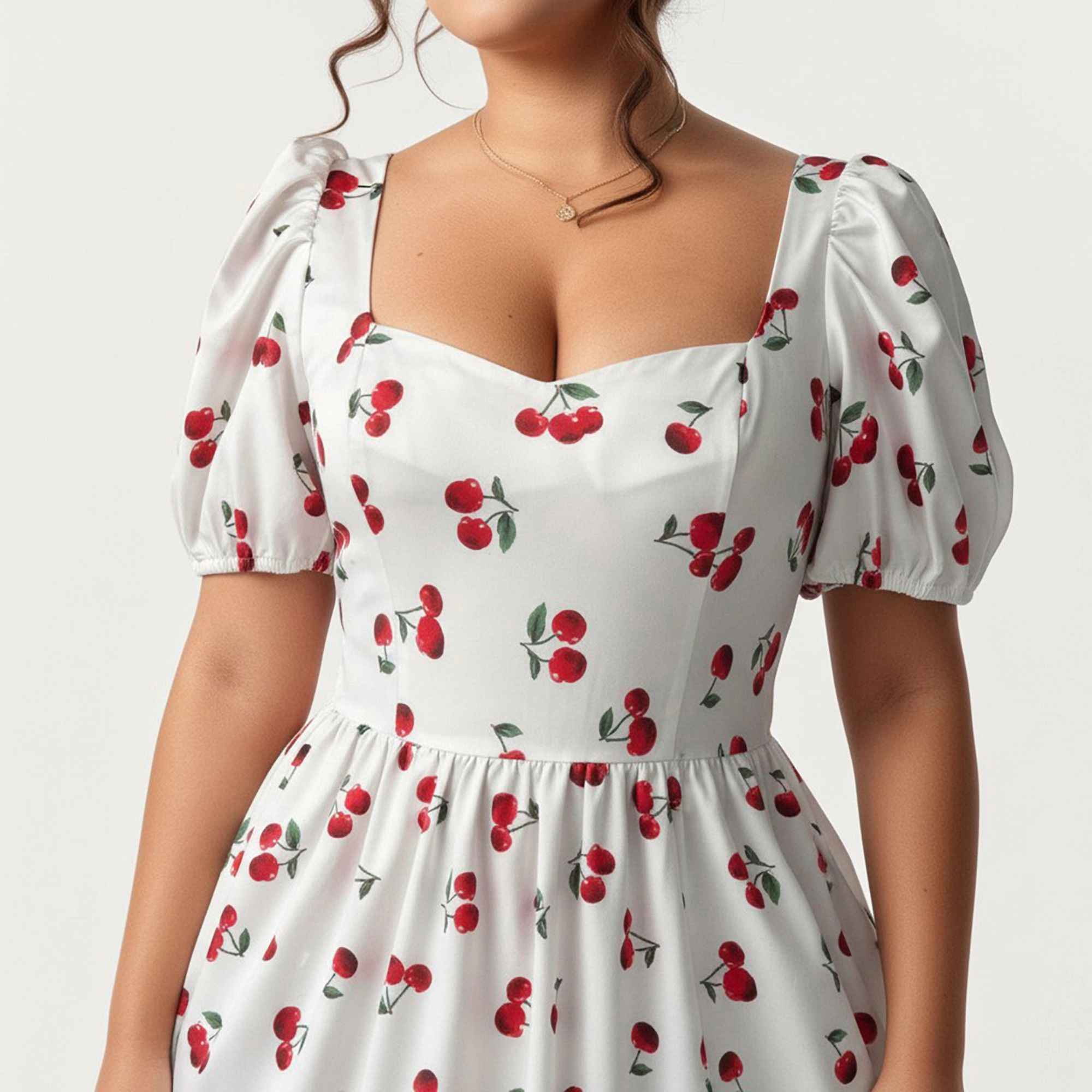 Anna-Kaci Women's Plus Cherry Print Square Neck Puff Sleeve Flowy Skirt Side Slit Detail Maxi Dress