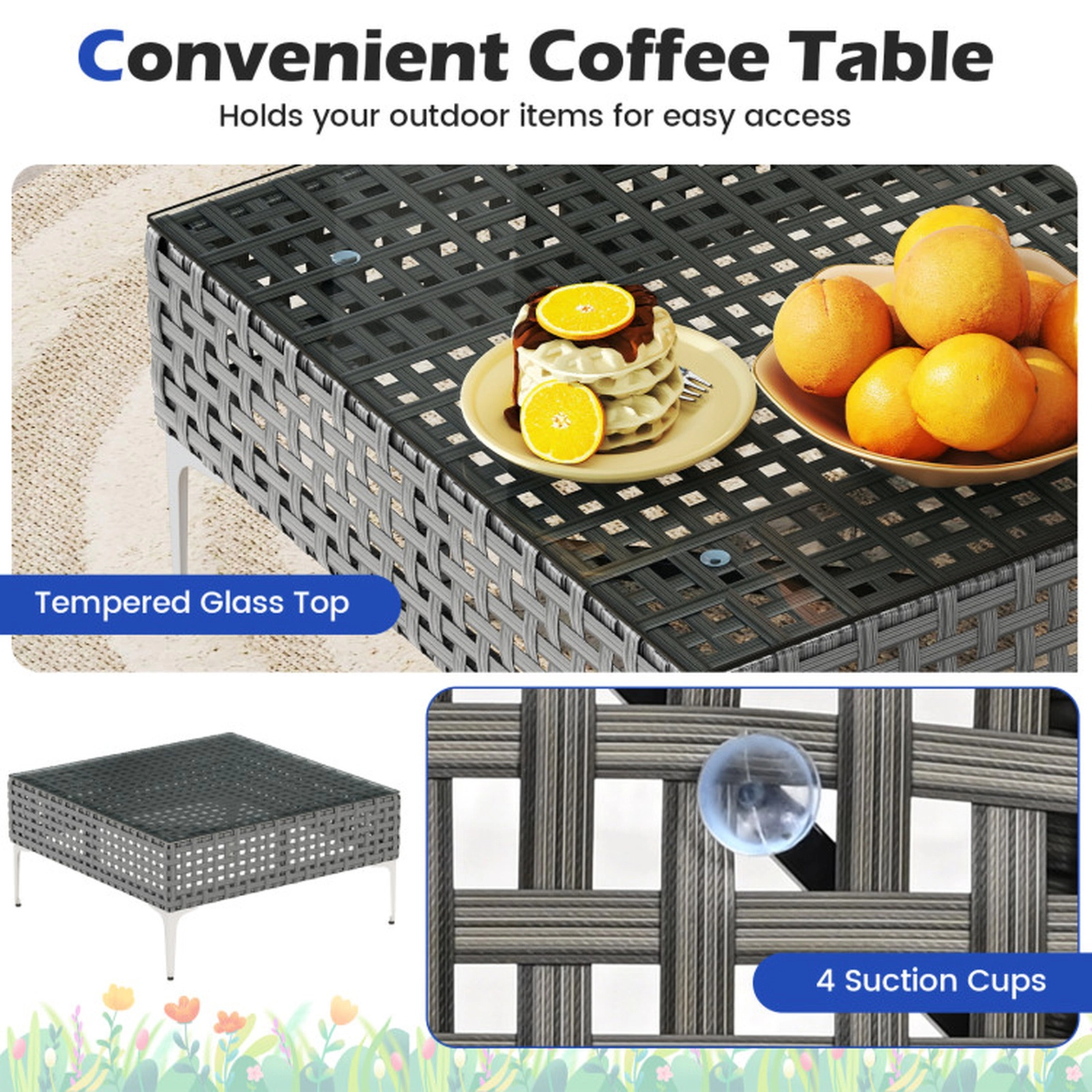 SUGIFT Conversation Chairs and Tempered Glass Coffee Table 400-lb Chairs 100-lb Table Gray Rattan Blue Cushions