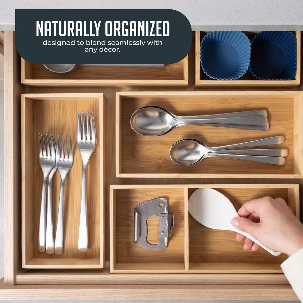 Luminuxe Bamboo Drawer Organizer Set, 5 Piece Non-Slip Versatile Storage Trays for Kitchen Utensils, Bathroom Essentials