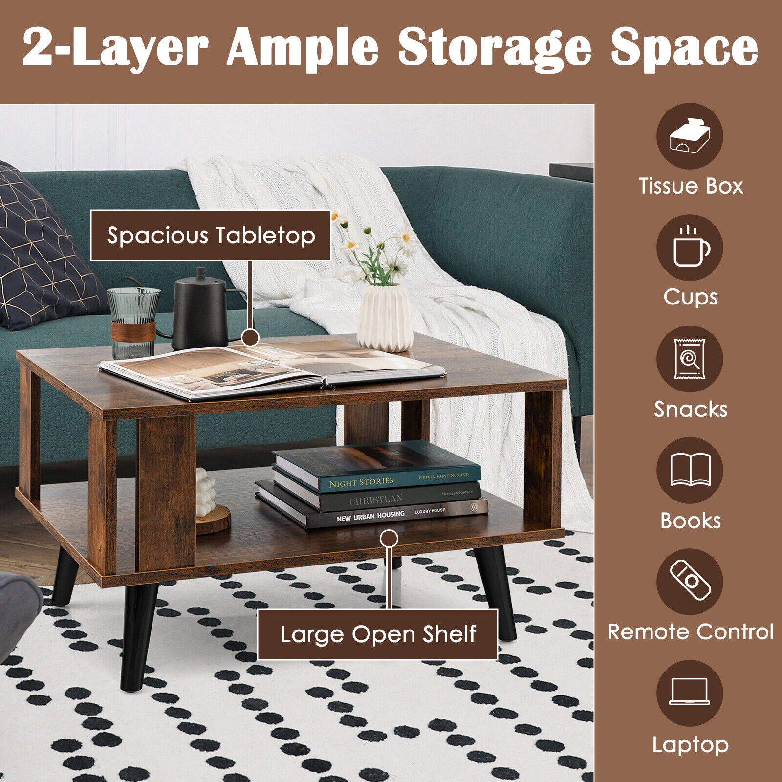 Glintex Compact 28-Inch Mid-Century Coffee Table with Open Storage Shelf, Rustic Brown