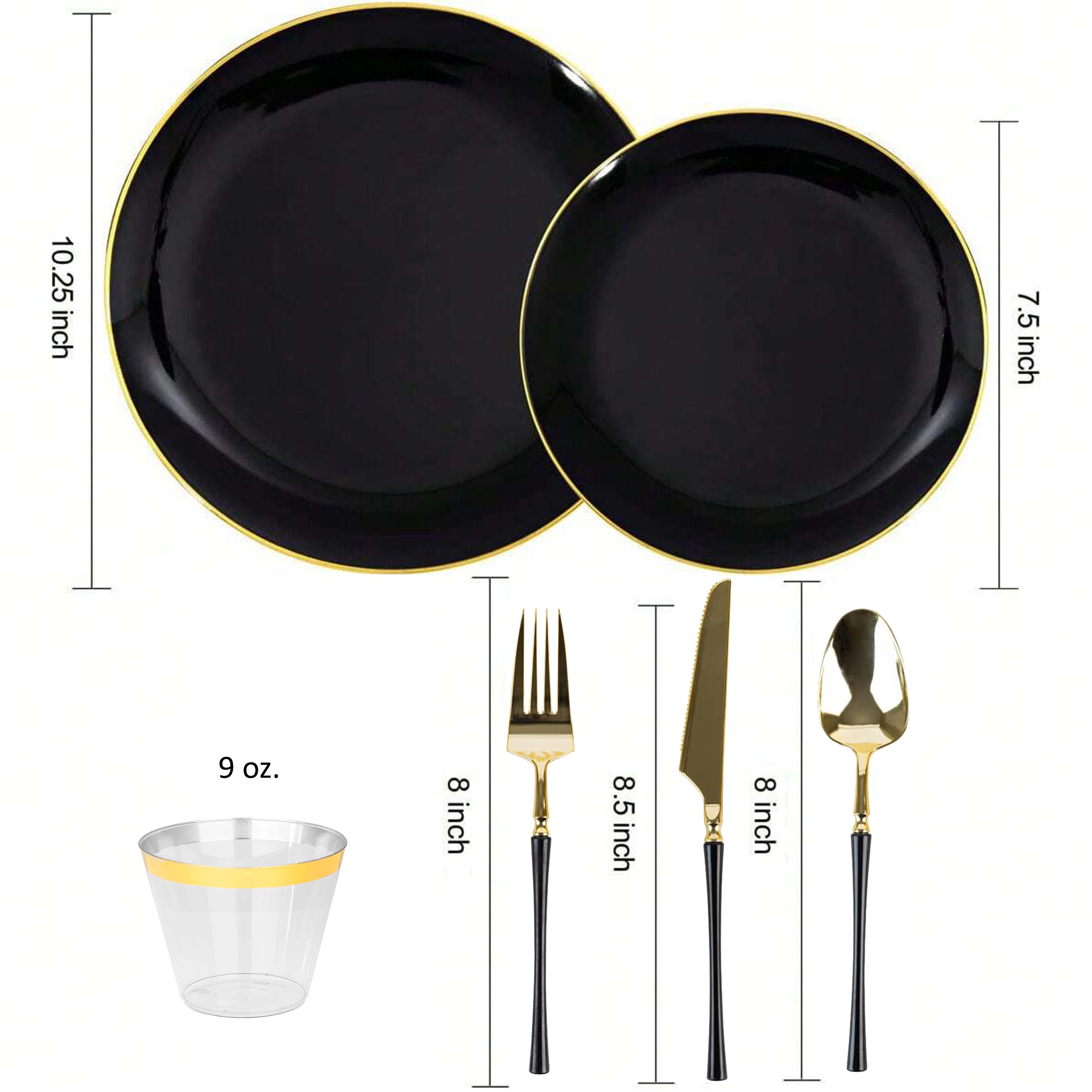 Elama 150 Piece Disposable Plastic Dinnerware Party Set for 25 Guests in Black with Gold Trim
