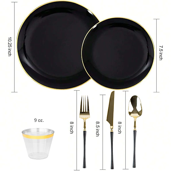 Elama 150 Piece Disposable Plastic Dinnerware Party Set for 25 Guests in Black with Gold Trim