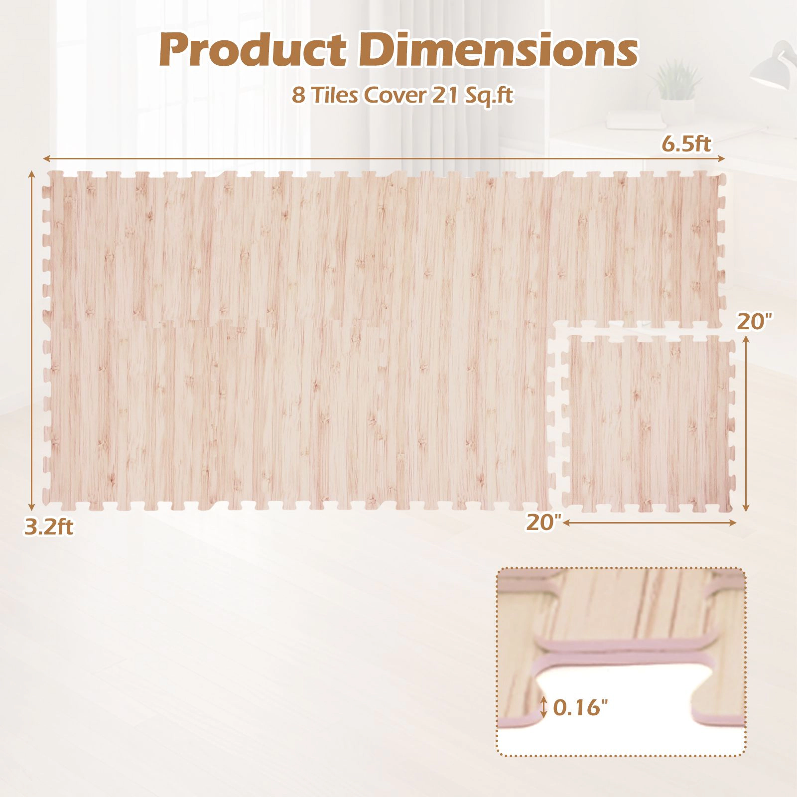 SlickBlue 8-Piece EVA Foam Floor Mats, Wood Texture, 21 Sq. Ft.