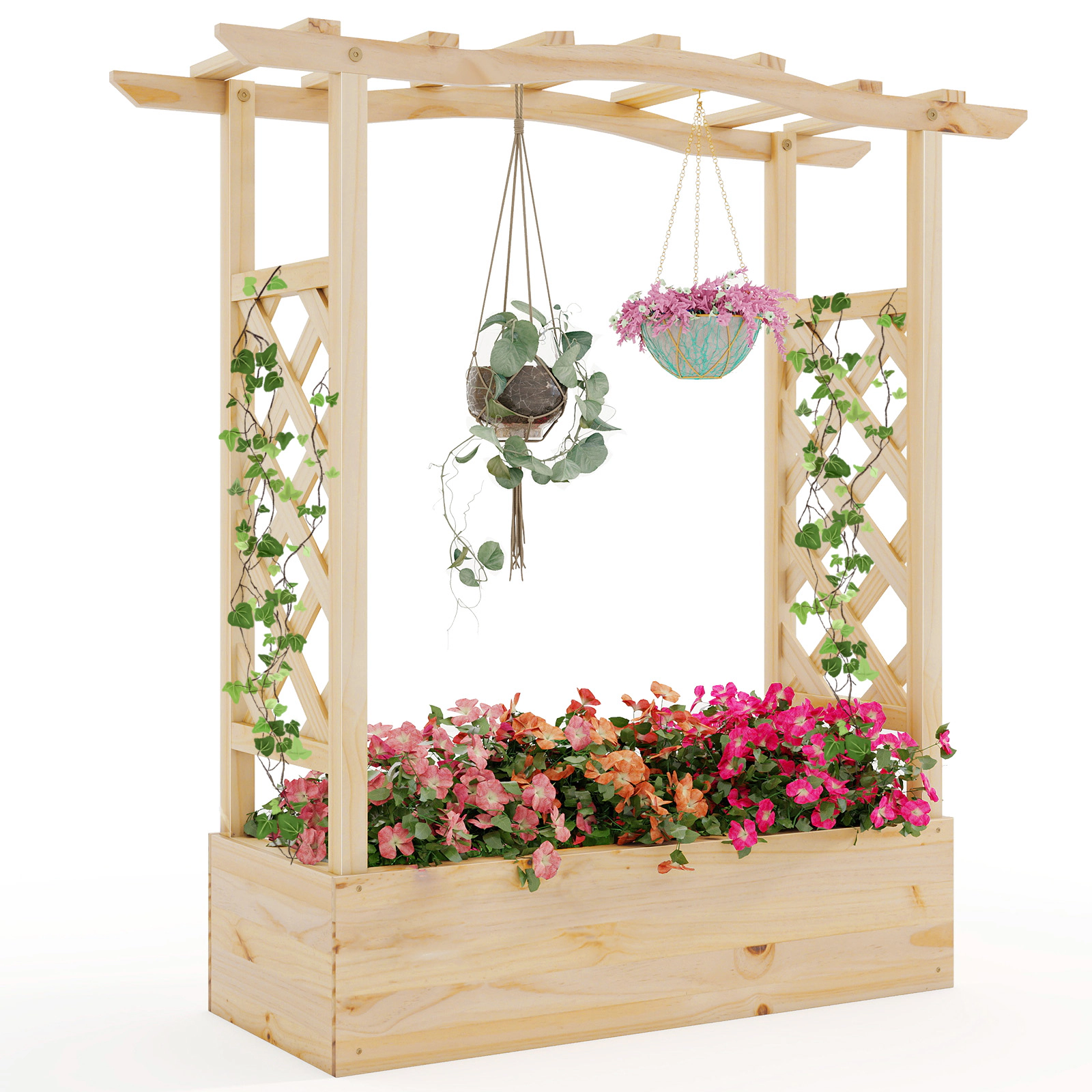 SlickBlue 44 Inch Elevated Garden Bed with Side Trellises Natural Wood