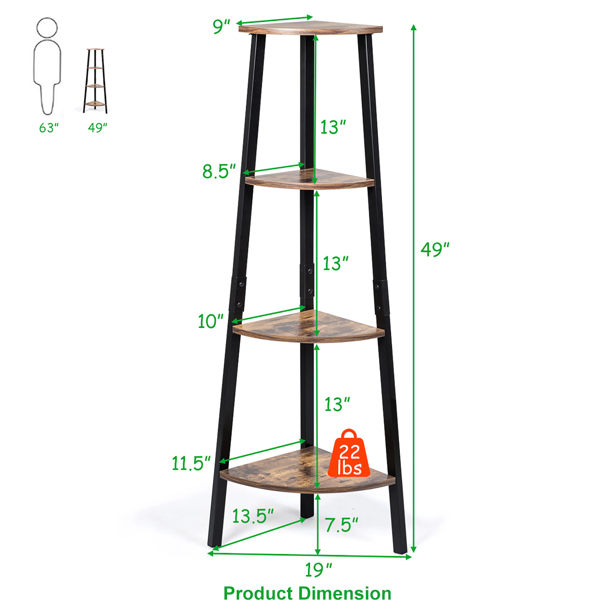 COSTWAY 4-Tier Corner Shelf Metal Storage Rack Bookcase Plant Display Stand Natural