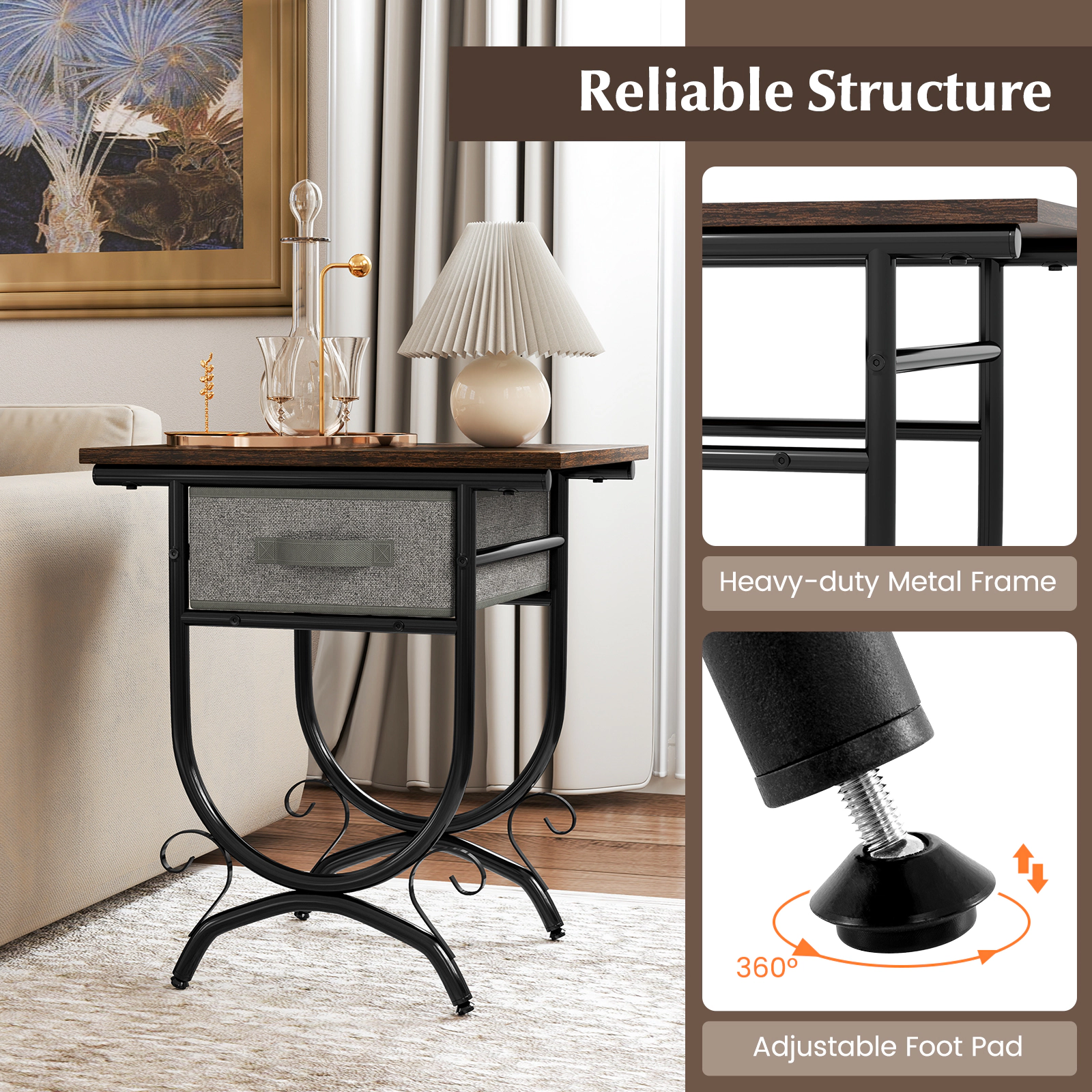 SUGIFT Wide Top Side Table Nightstand Foldable Fabric Drawer & Carved Metal Frame 88-lb Tabletop Capacity Black & Gray