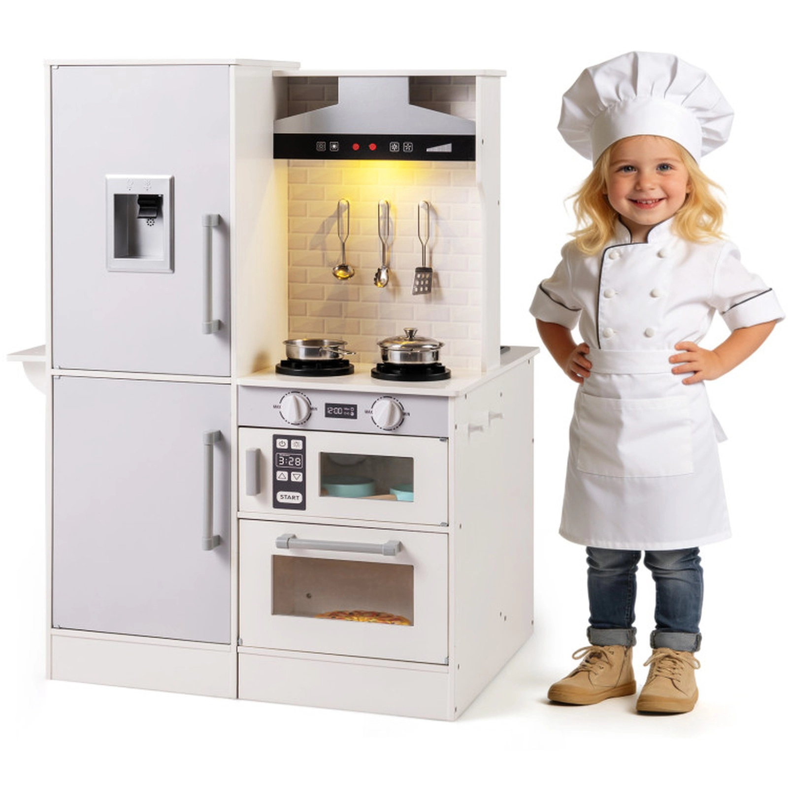 SUGIFT White Water Dispenser Range Hood and Cookware Dual-Sided Kids Play Kitchen