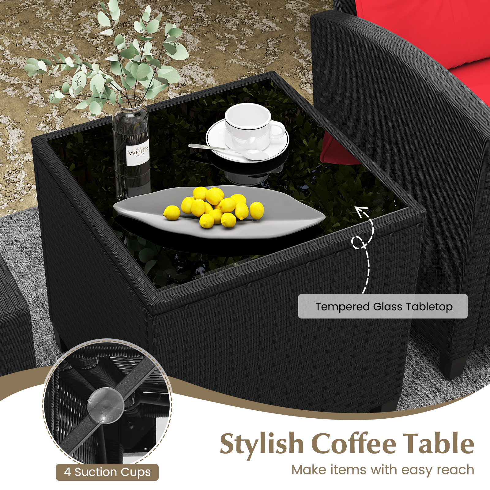 SUGIFT 3-Piece Black Rattan Patio Conversation Set with Cushioned Chairs and Glass Table