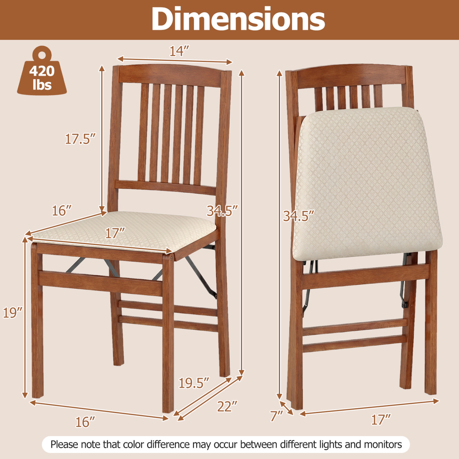 LJG Set of 4 Foldable Upholstered Kitchen Chairs with Padded Seat