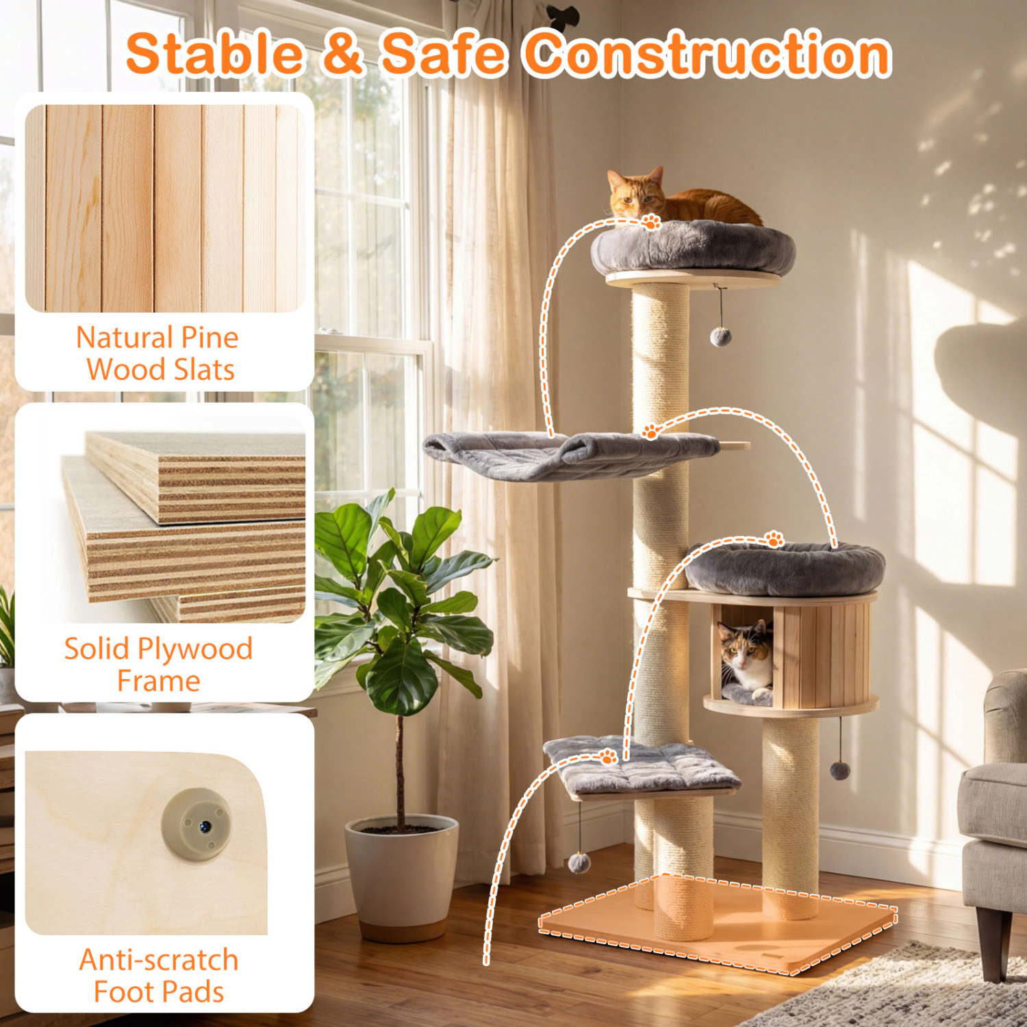 LJG 4-Layer 68.5-Inch Wooden Cat Tree Condo Activity Tower with Sisal Posts