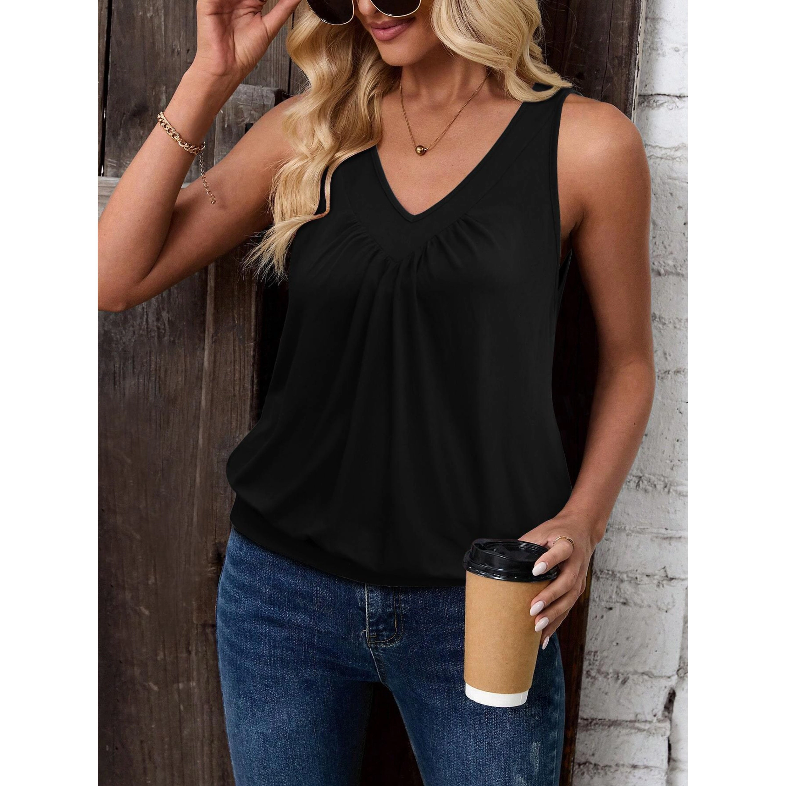 Zeagoo Women's Loose Fit V Neck Ruched Sleeveless Banded Bottom Cami Tank Top