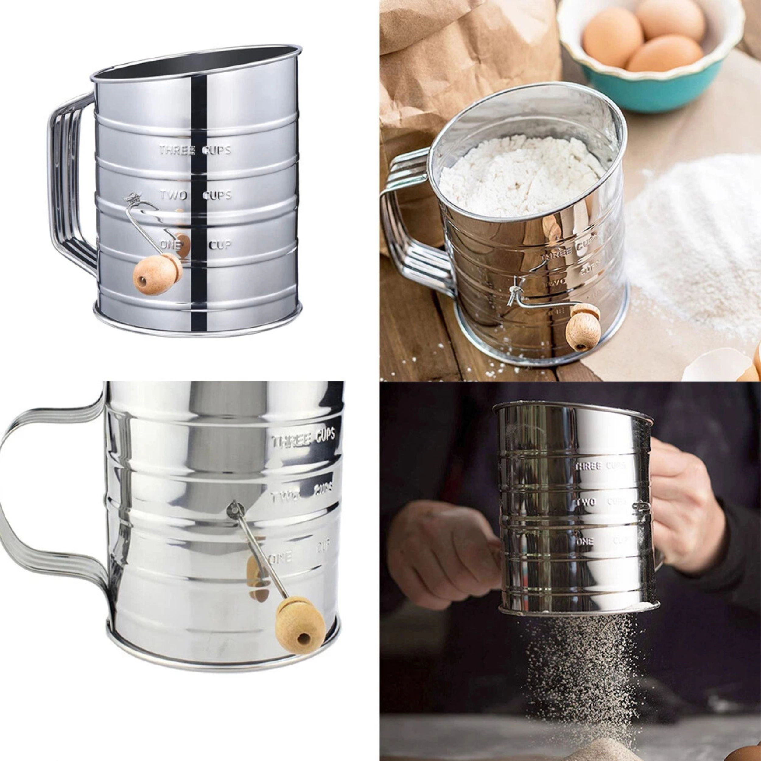 Home Collection Stainless Steel 3 Cup Flour Sifter with Hand Crank