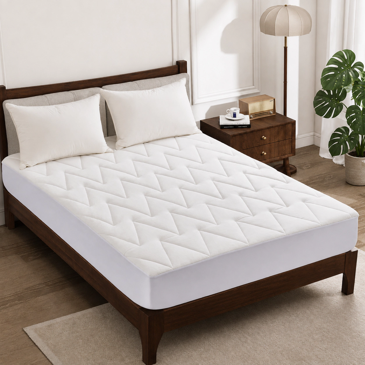 PEACE NEST Cooling Waterproof Mattress Pad with Deep Pocket Fitted Skirt Polyline Quilt