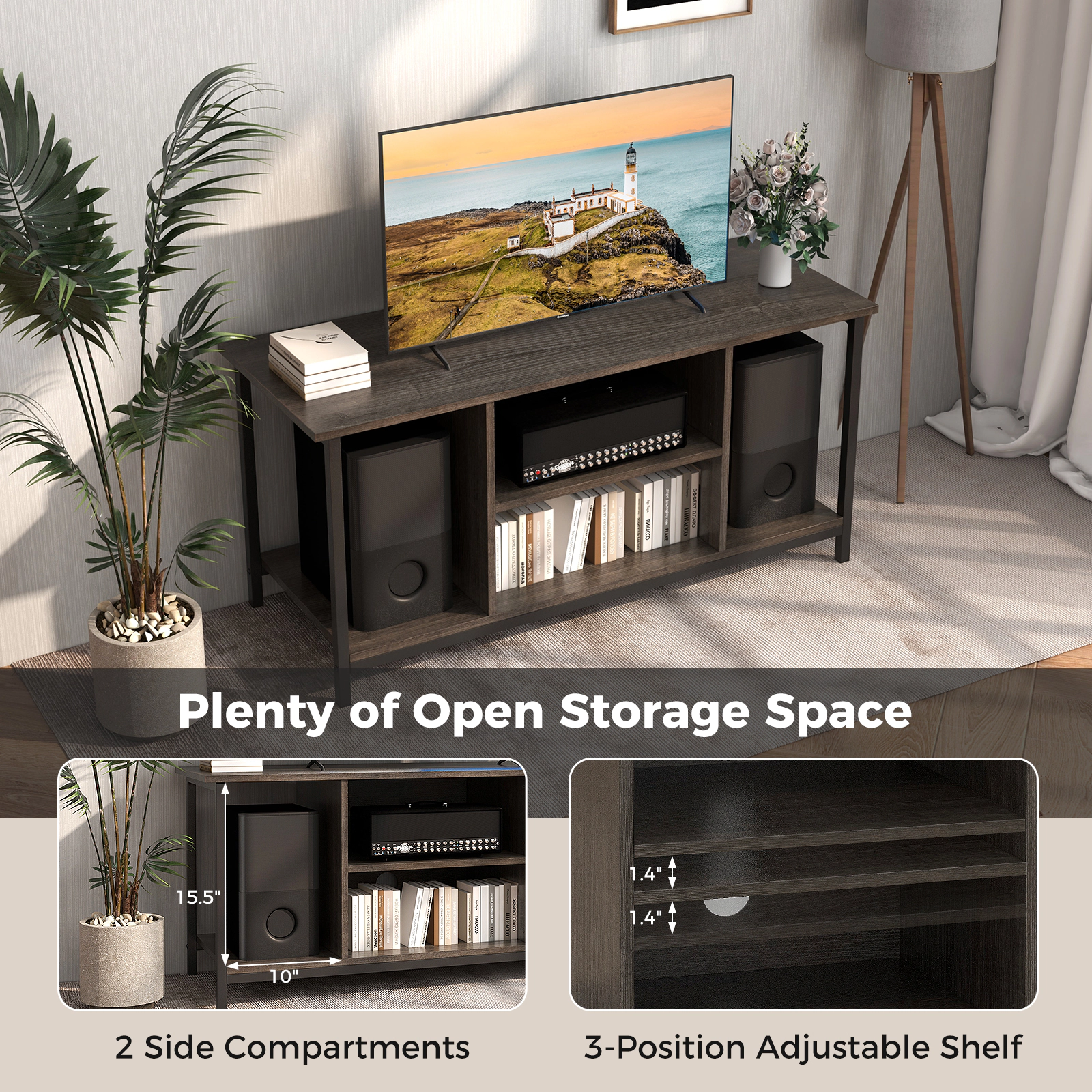 Hivvago 3-Tier Tv Stand With Power Outlet Usb And Adjustable Shelf-Gray