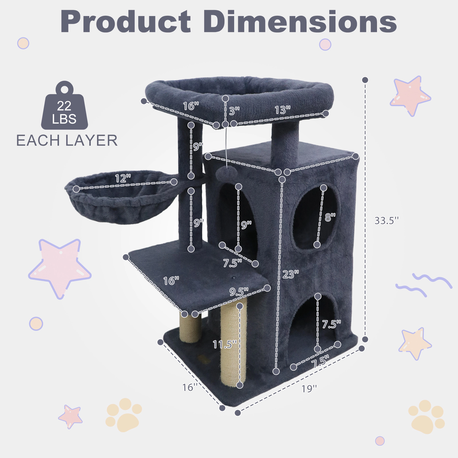 SUGIFT 33.5-in Cute 2-Tier Kitten Condo Tower Cat Tree with Padded Top Perch and Basket 22-lb Capacity Dark Gray