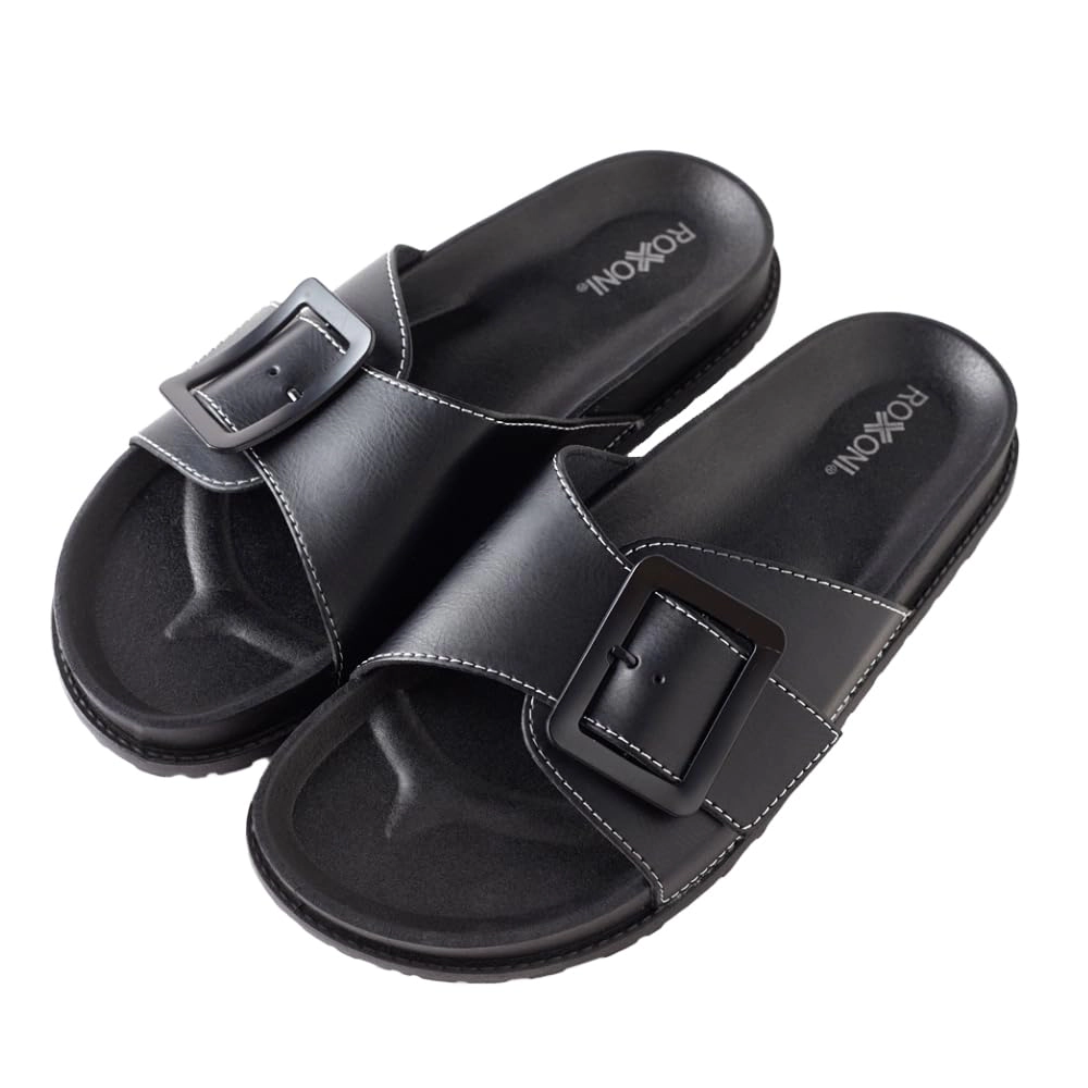 Roxoni Women’s Adjustable Buckle Flat Sandals – Stylish Open-Toe Comfort Slides