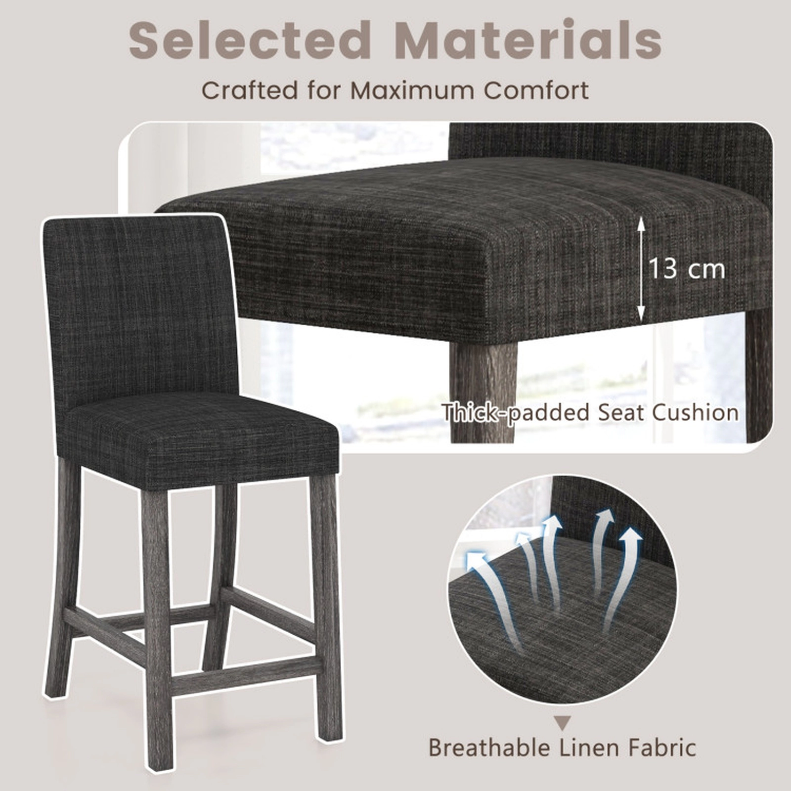 SUGIFT Counter Height Upholstered Bar Stools Set of 2 with Back and Footrest 350-lb Capacity Gray Beige