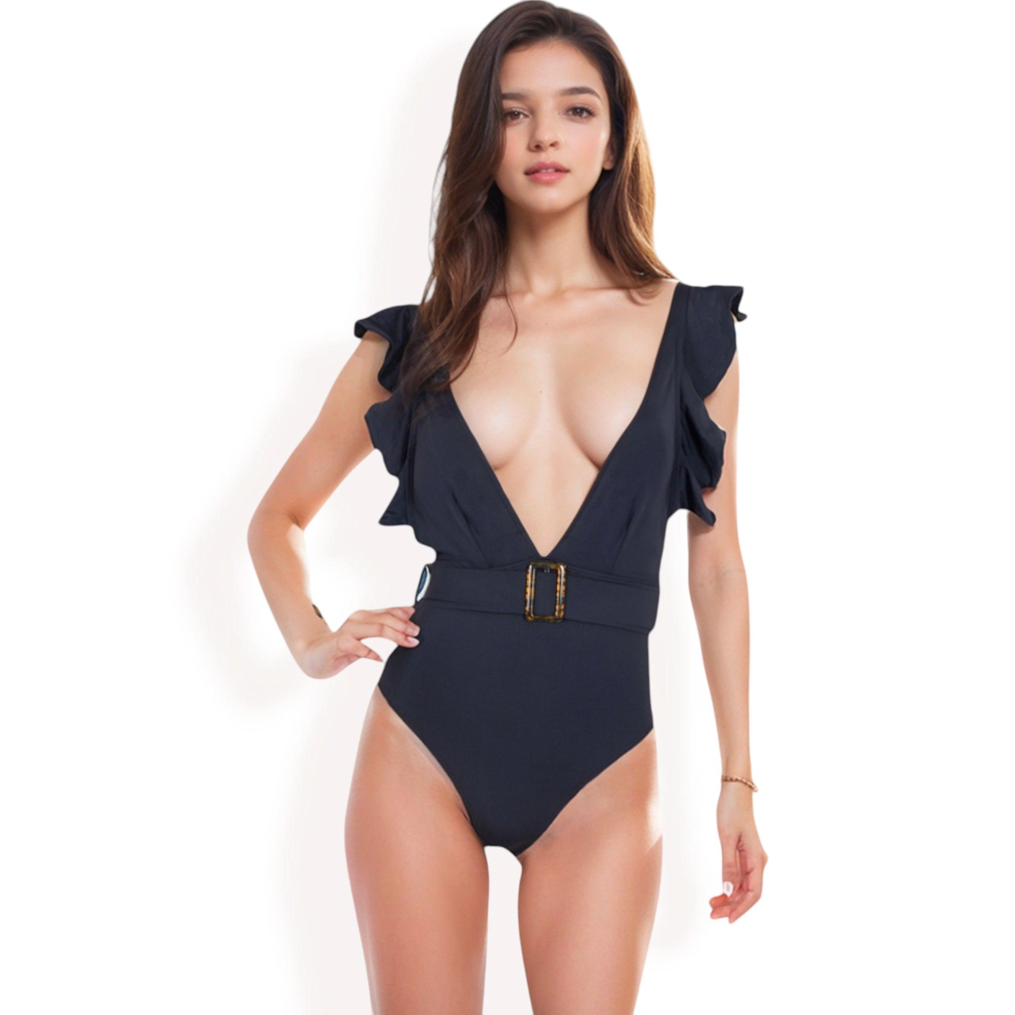 Anna-Kaci Women Ruffle Shoulder Deep V One-Piece Swimsuit Belted Waist