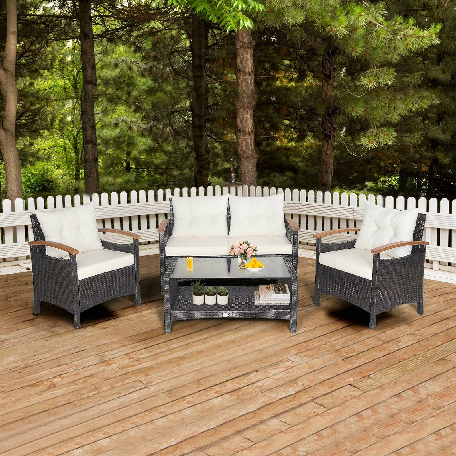 LJG 4 Pieces Patio Rattan Furniture Set with Cushioned Sofa and Storage Table