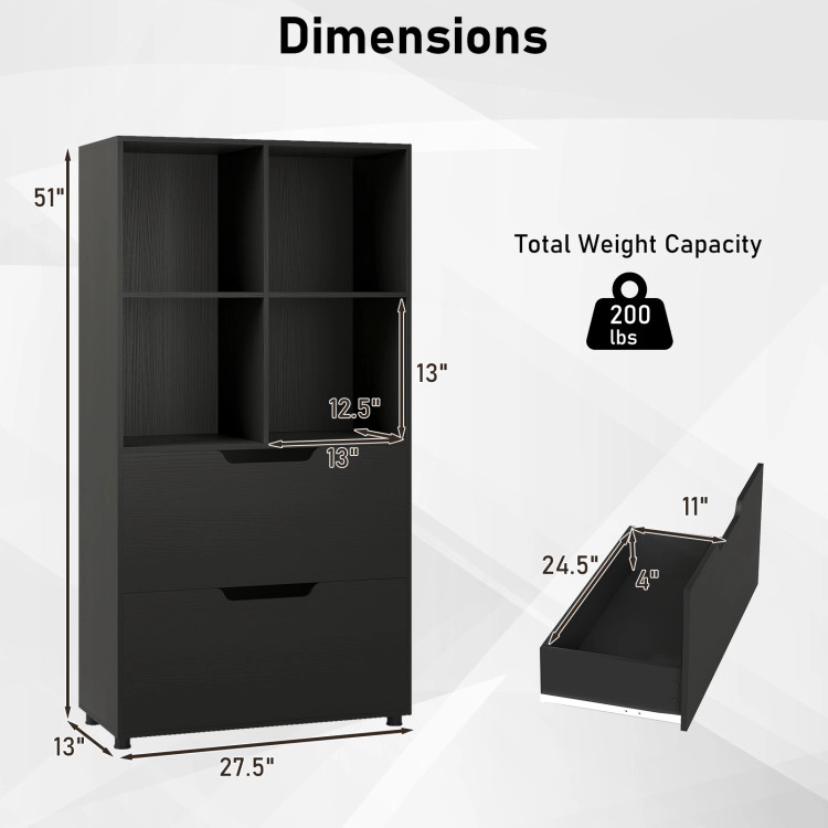 Hivvago 4-Cube Bookcase with 2 Drawers 51 inch 5-Tier Tall Freestanding Bookshelf