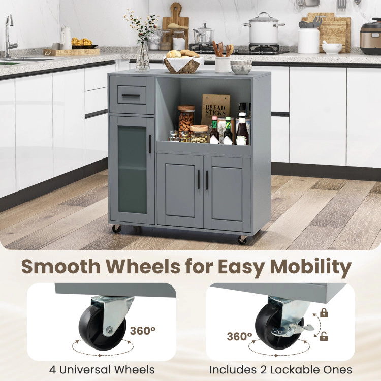 Hivvago Rolling Kitchen Island With Wheels Drawer And Glass Door Cabinet