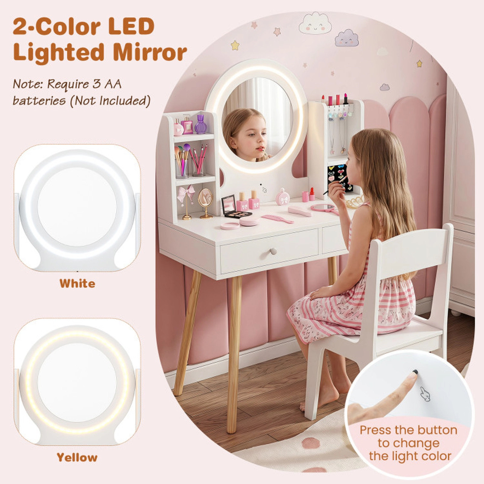 SUGIFT Lighted Kids Vanity Set Mirror, Storage Drawers & Chair 110-lb Tabletop Capacity 155-lb Chair Capacity Ages 3+