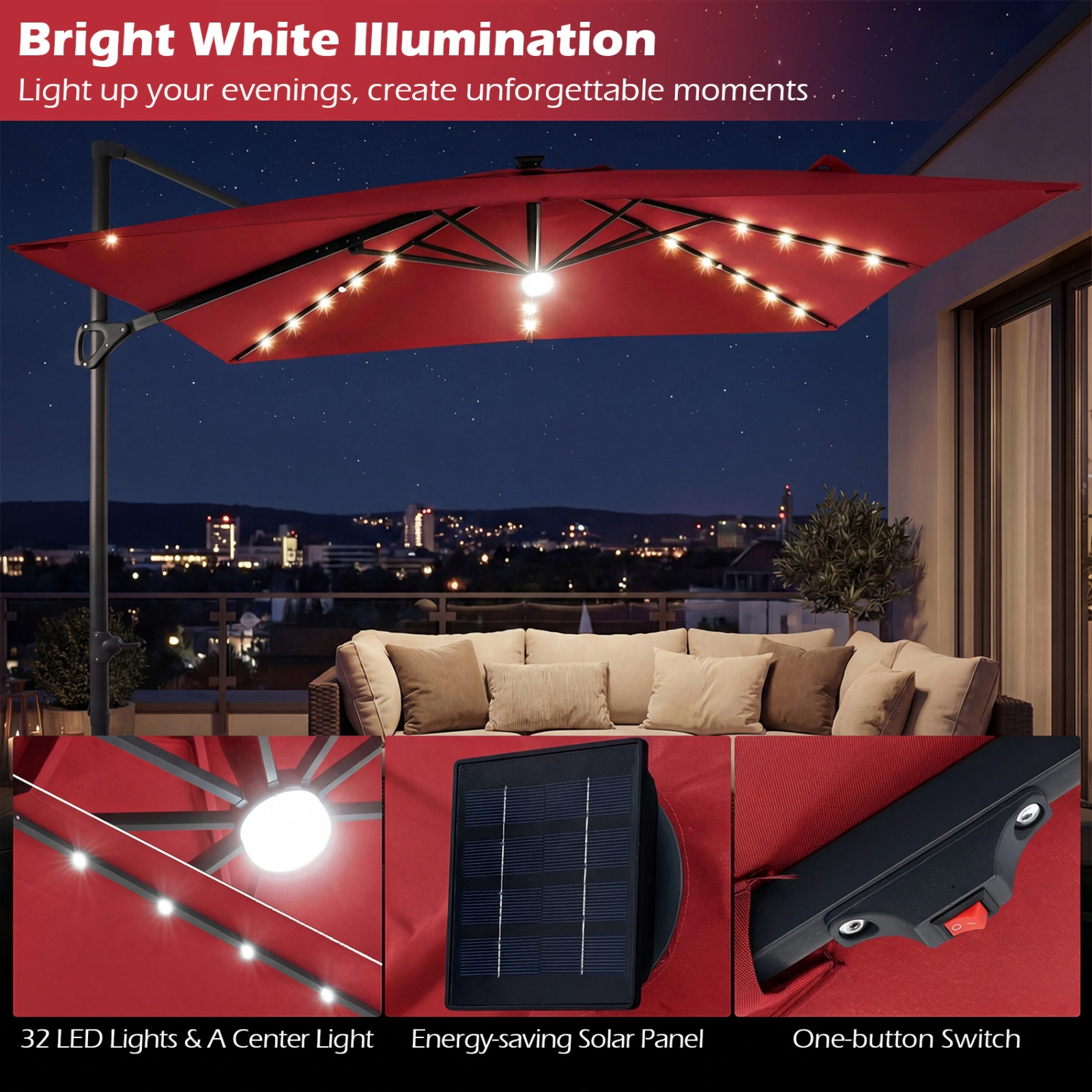 SUGIFT 10-ft Wine Solar Offset Patio Umbrella with 220-lb Fillable Base Crank Lift and Storage Strap